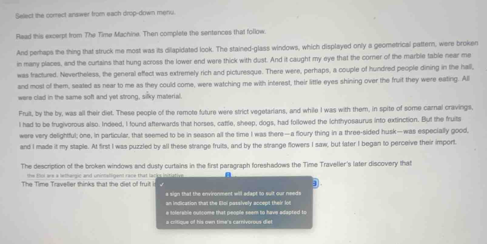 select the correct answer from each drop - down menu. read this excerpt…