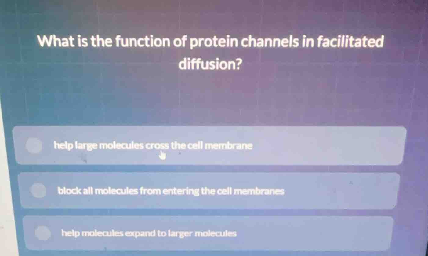 what is the function of protein channels in facilitated diffusion? help…