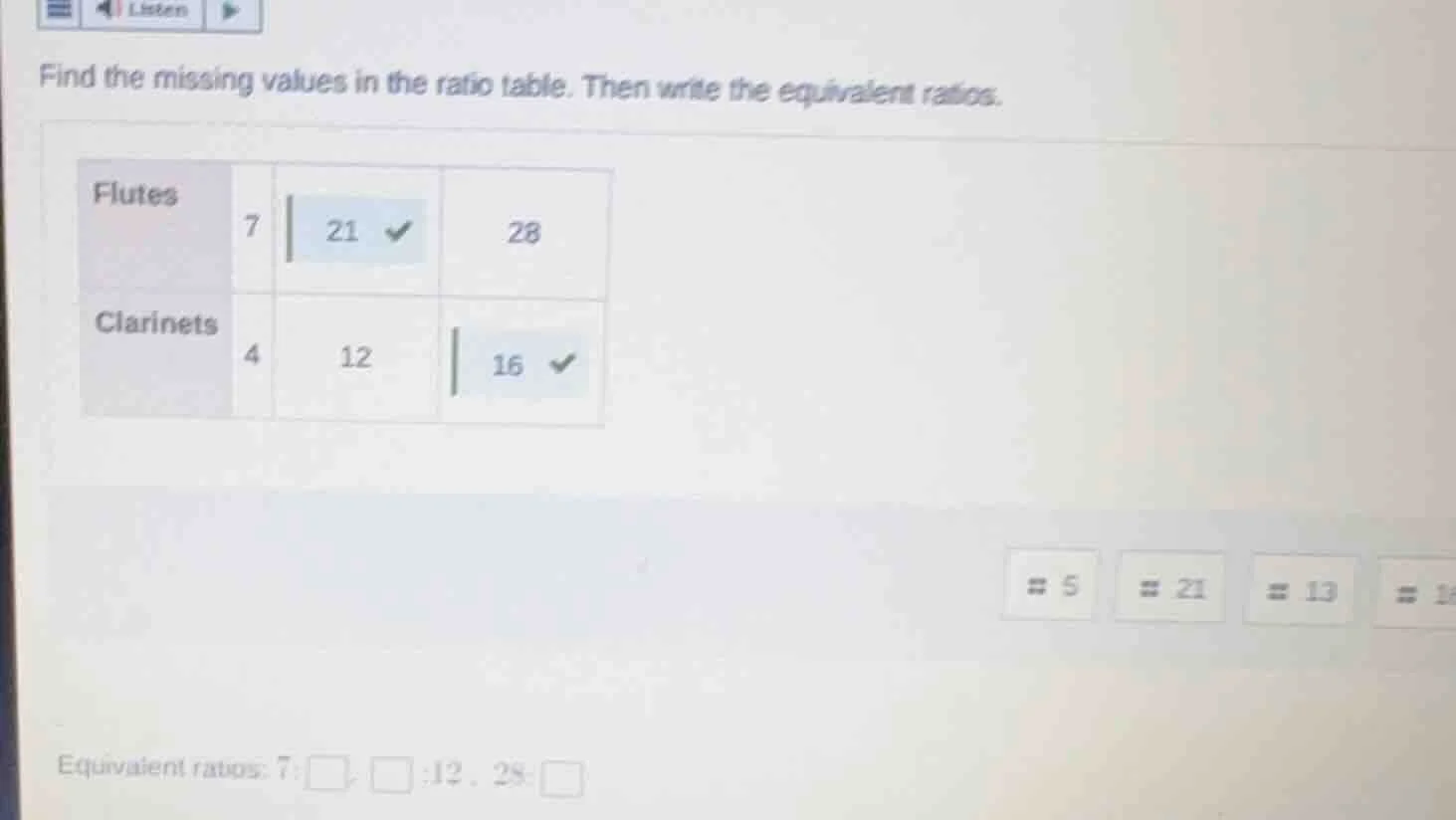 find the missing values in the ratio table. then write the equivalent r…