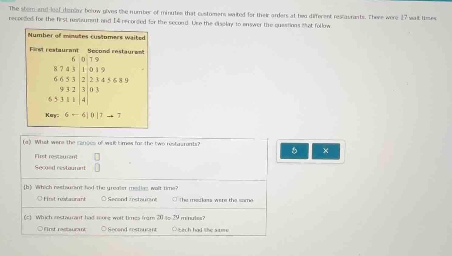 the stem - and - leaf display below gives the number of minutes that cu…