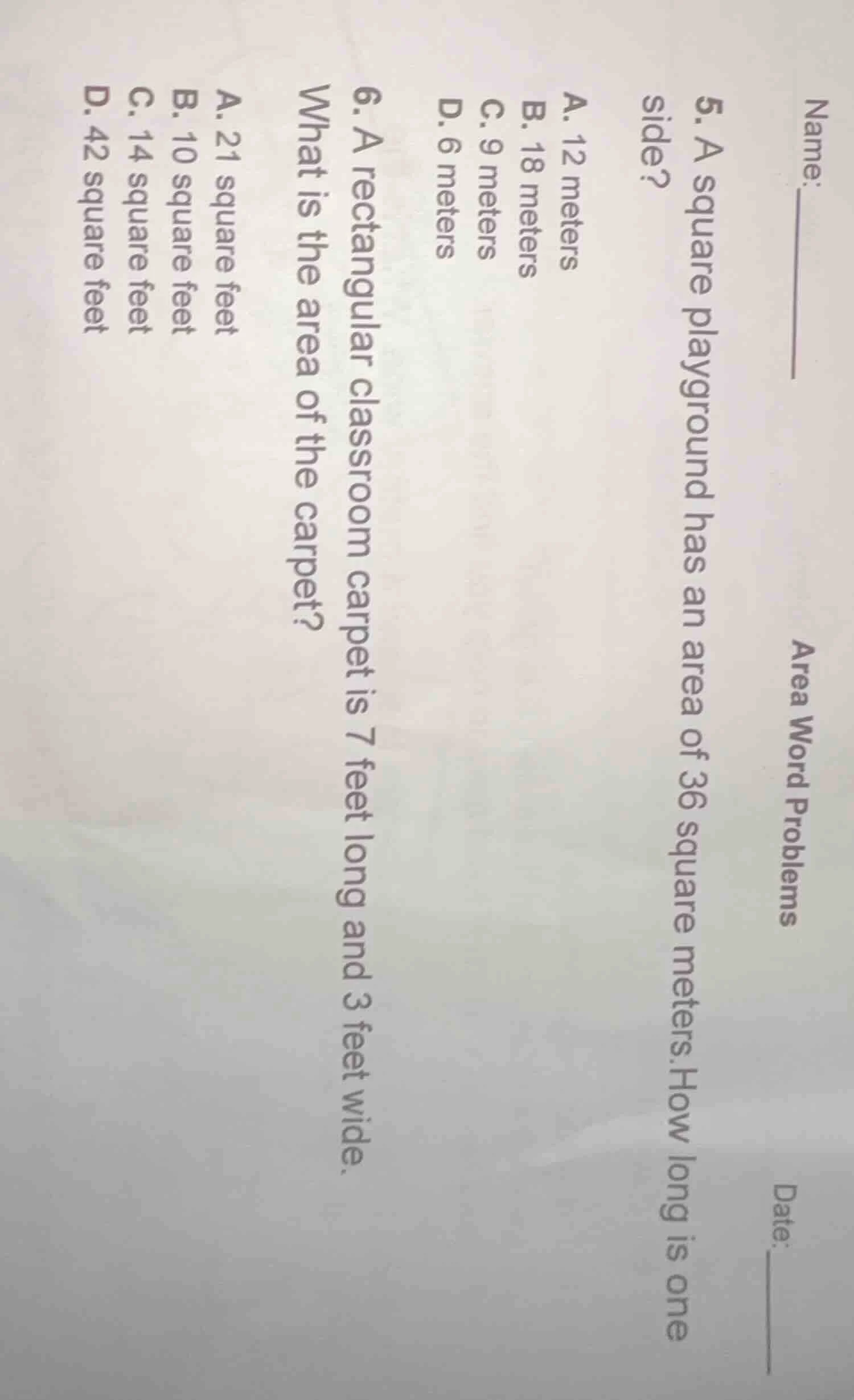 name:______ date:______ area word problems 5. a square playground has a…