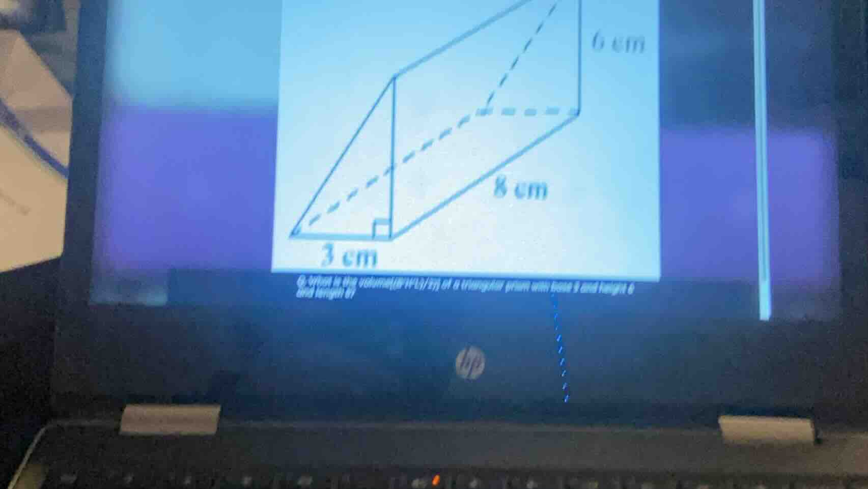 q: what is the volume (in cm³) of a triangular prism with base 3 and he…