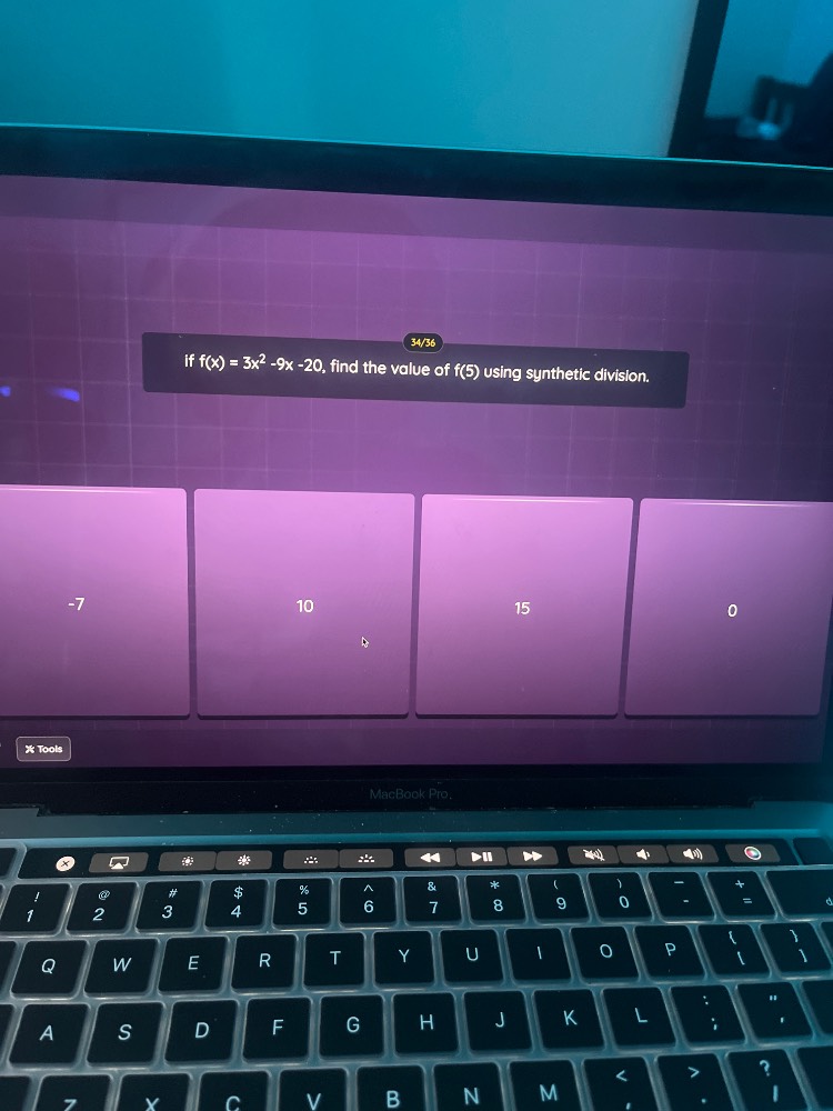 if $f(x) = 3x^2 - 9x - 20$, find the value of $f(5)$ using synthetic di…