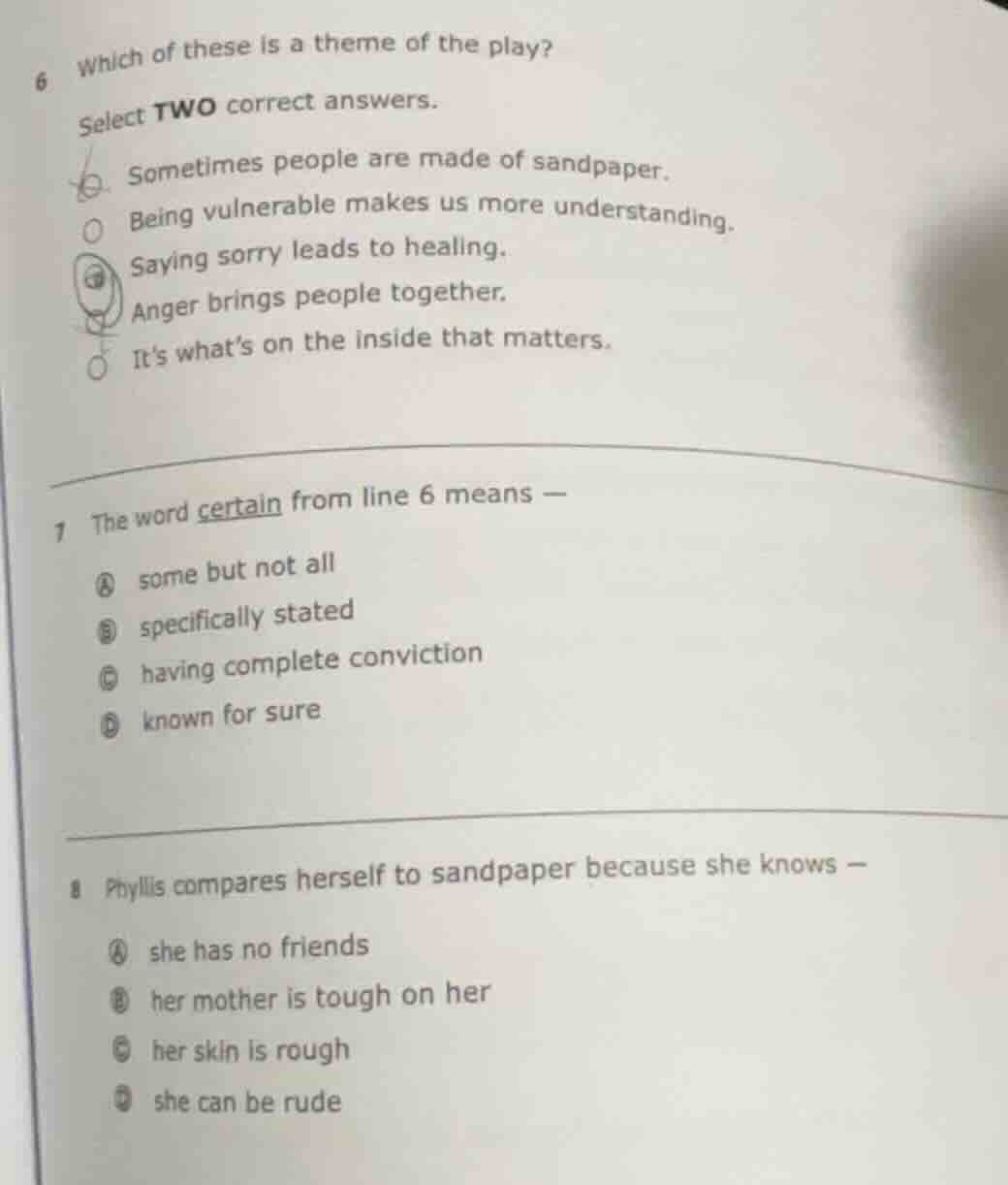 6 which of these is a theme of the play? select two correct answers. ○ …