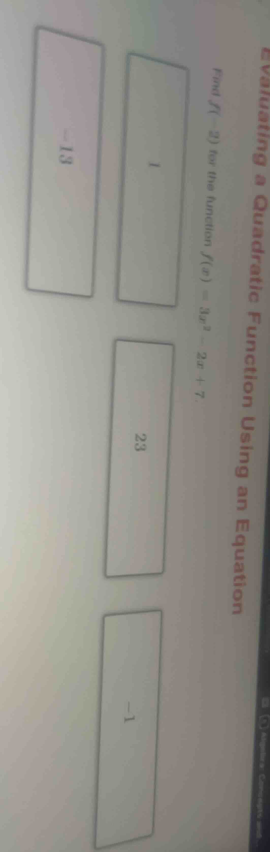 evaluating a quadratic function using an equation\\find $f(-2)$ for the…