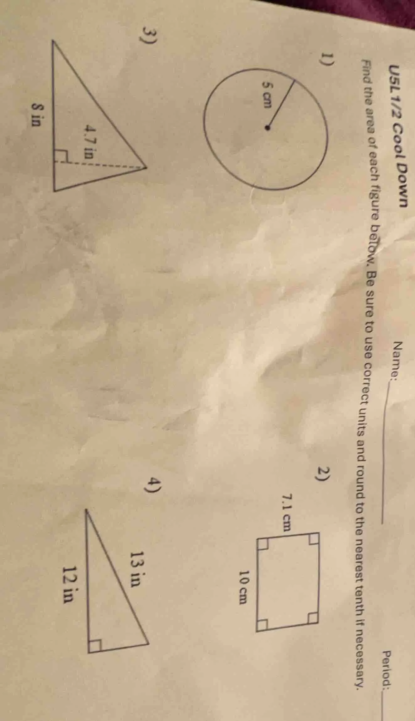 usl 1/2 cool down name: ______ period: ______ find the area of each fig…