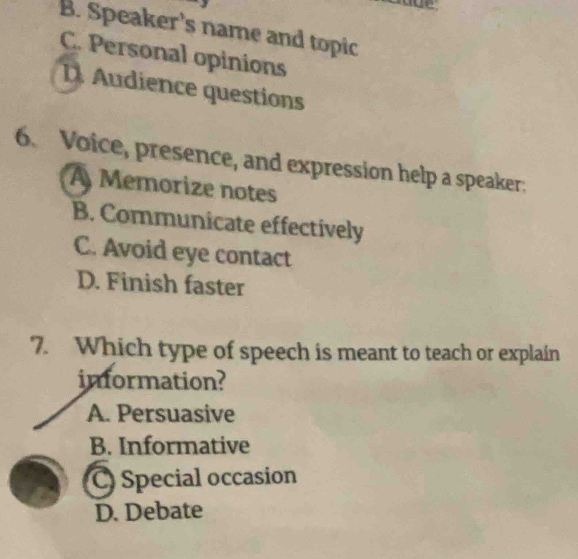 b. speakers name and topic c. personal opinions d. audience questions 6…