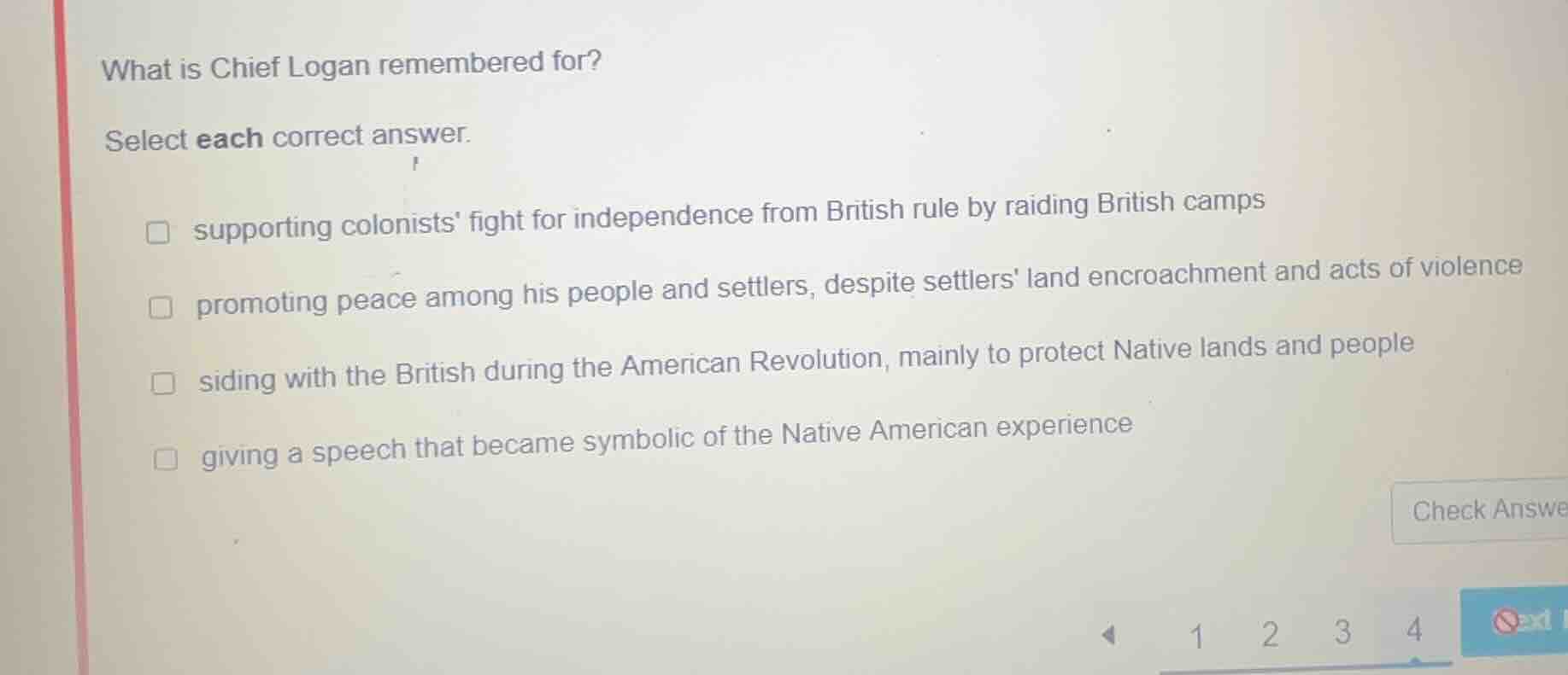 what is chief logan remembered for? select each correct answer. support…