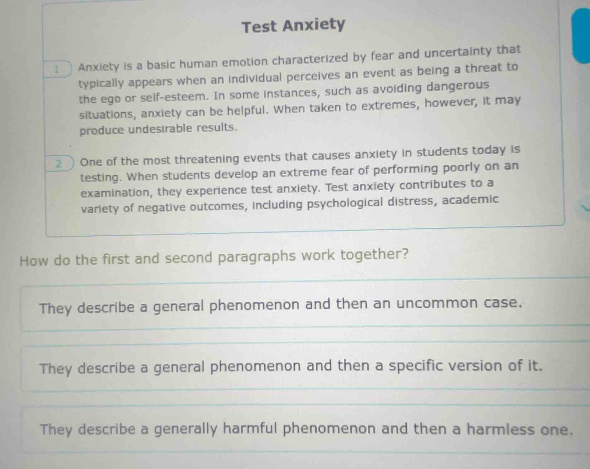 test anxiety 1 anxiety is a basic human emotion characterized by fear a…