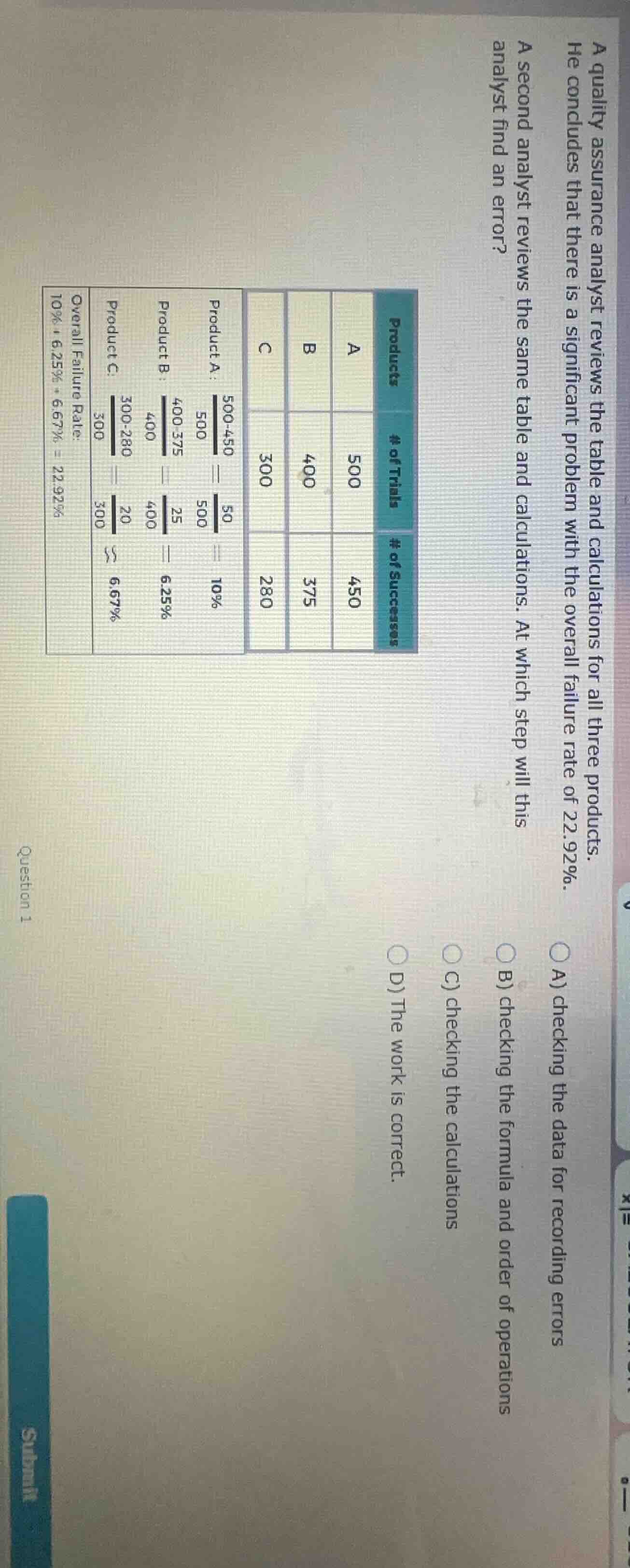 question 1 a quality assurance analyst reviews the table and calculatio…