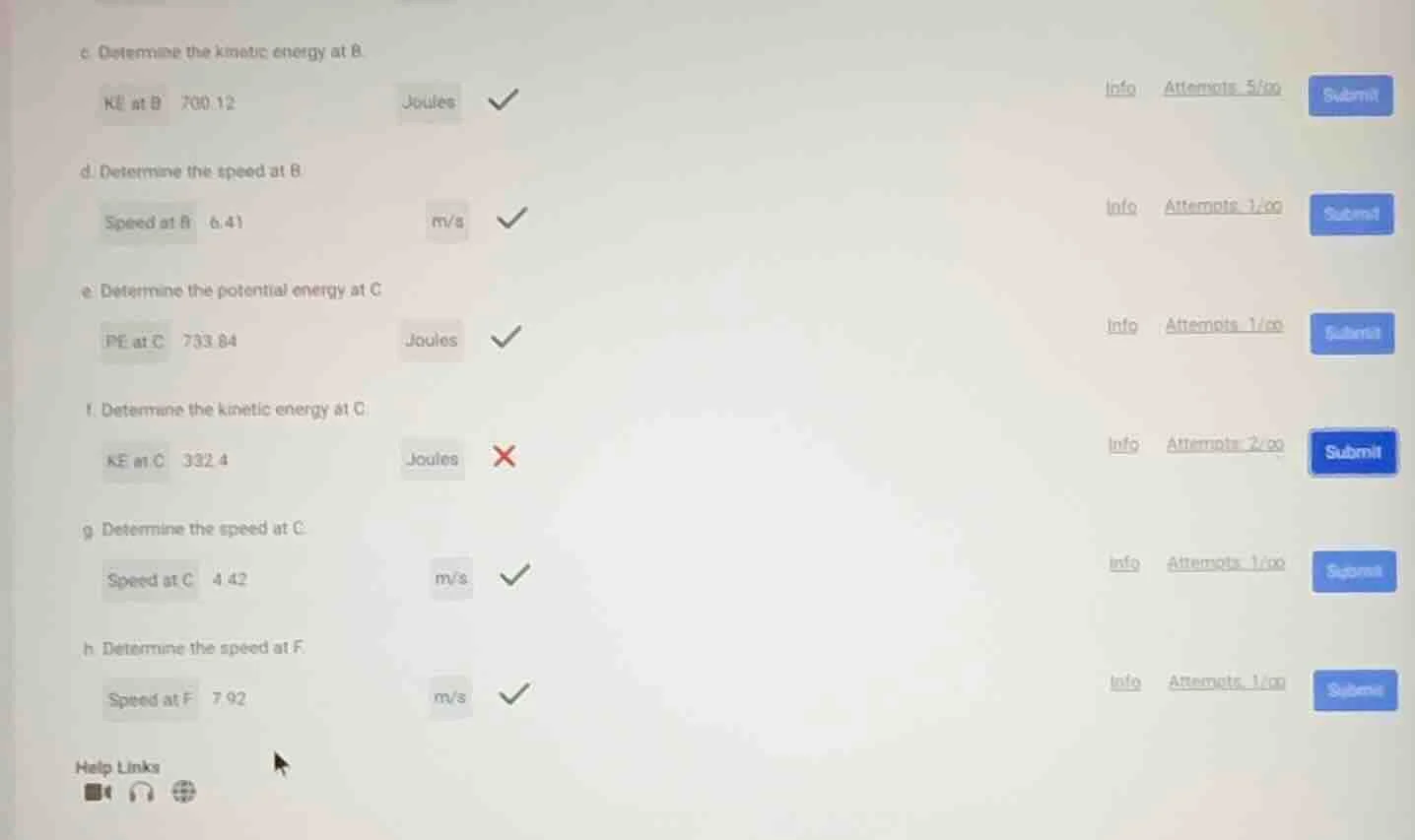 c. determine the kinetic energy at b. ke at b 700.12 joules d. determin…