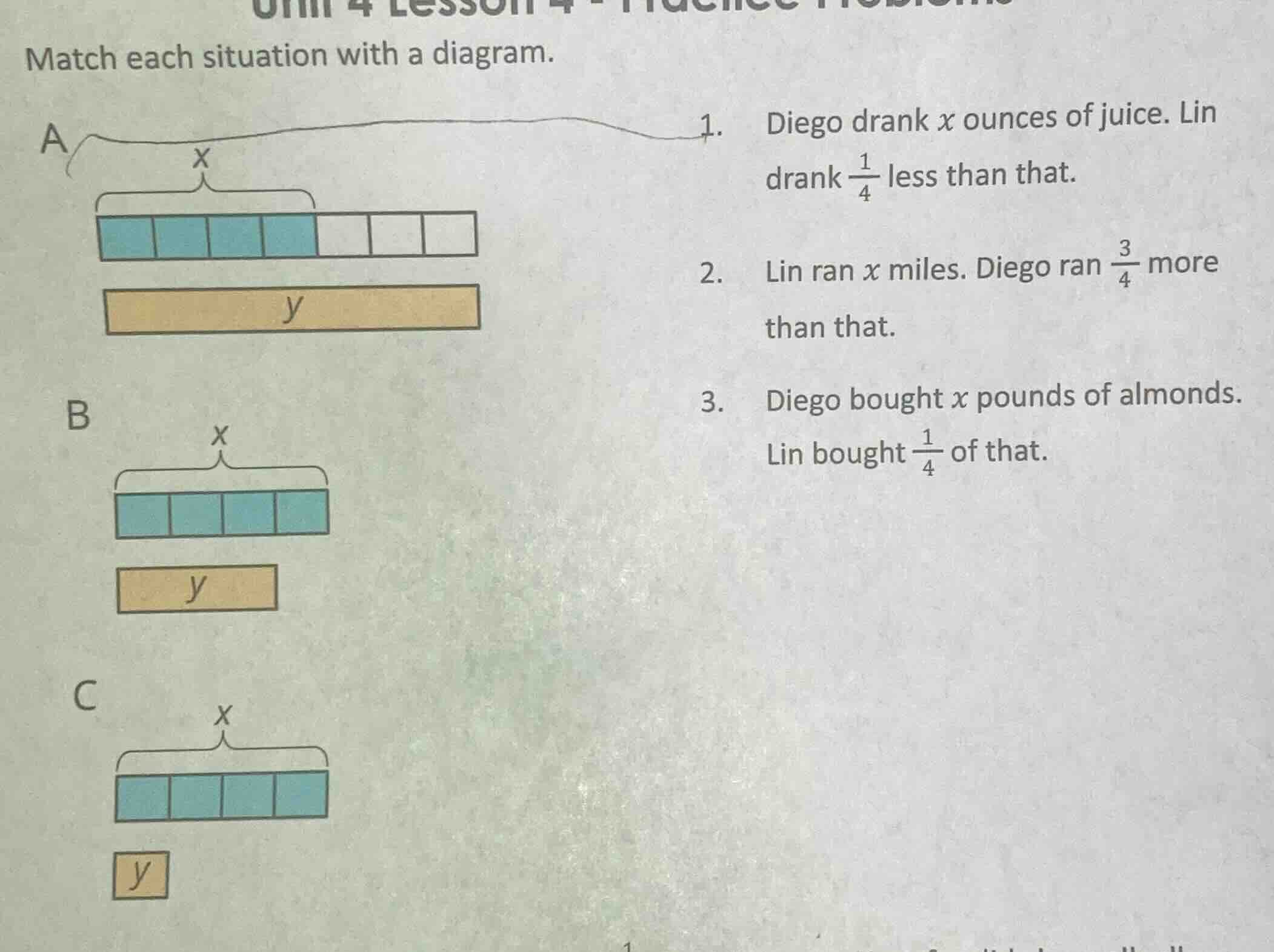 match each situation with a diagram. a x diagram of blue blocks and a y…