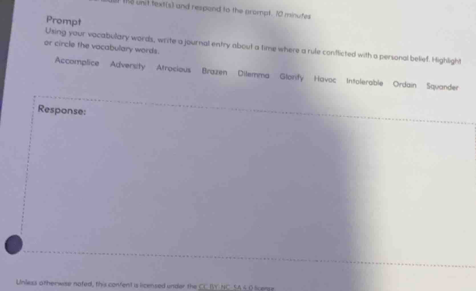 prompt using your vocabulary words, write a journal entry about a time …