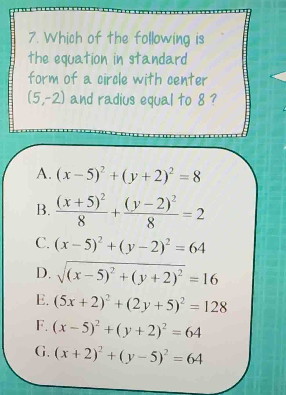 7. which of the following is the equation in standard form of a circle …