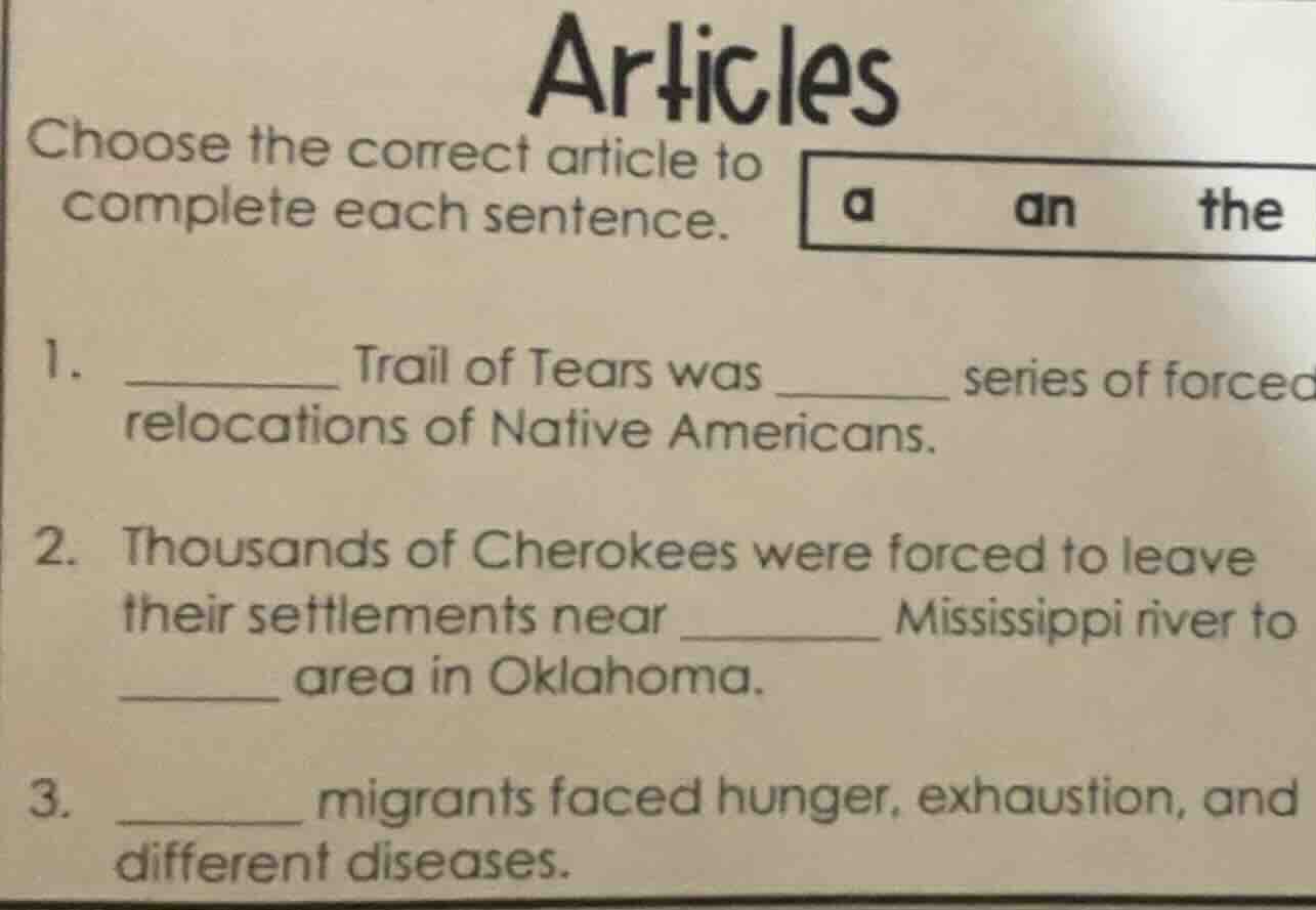 articles choose the correct article to complete each sentence. a \tan \…