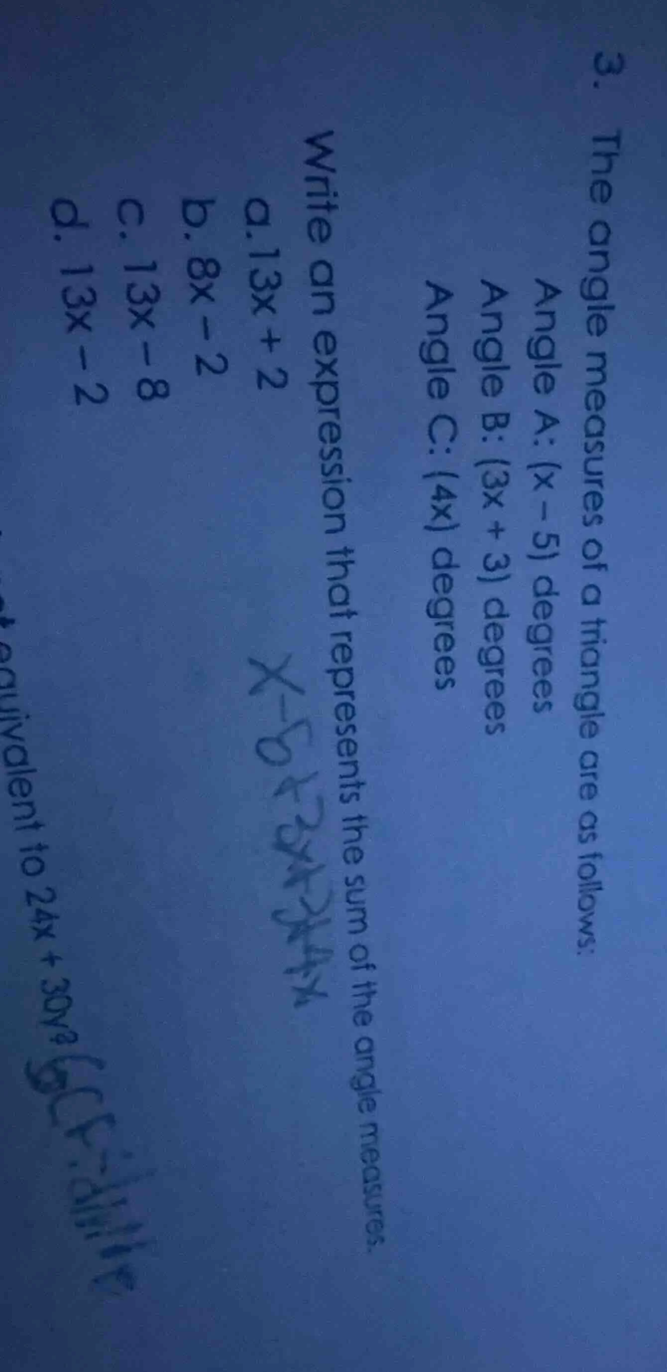 3. the angle measures of a triangle are as follows: angle a: (x - 5) de…