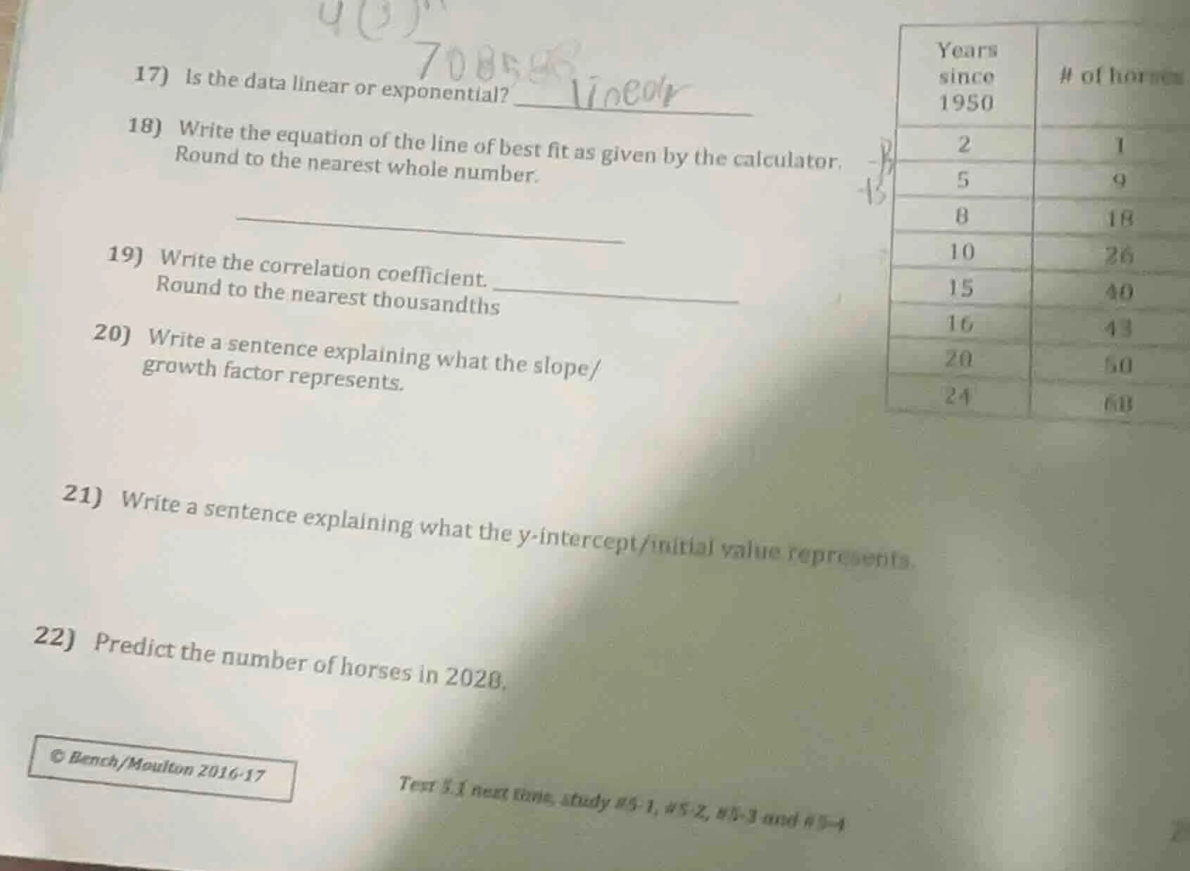 17) is the data linear or exponential? 18) write the equation of the li…