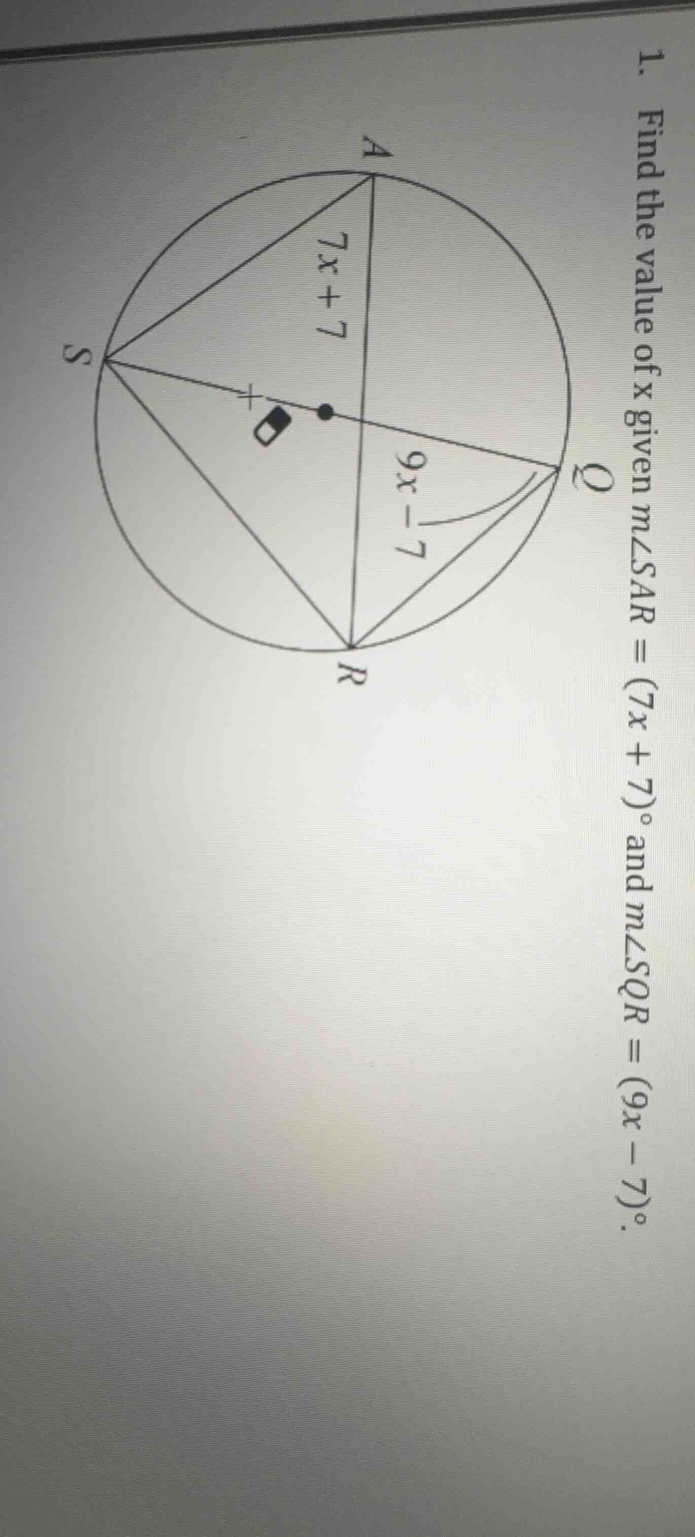1. find the value of x given ( mangle sar = (7x + 7)^circ ) and ( mangl…