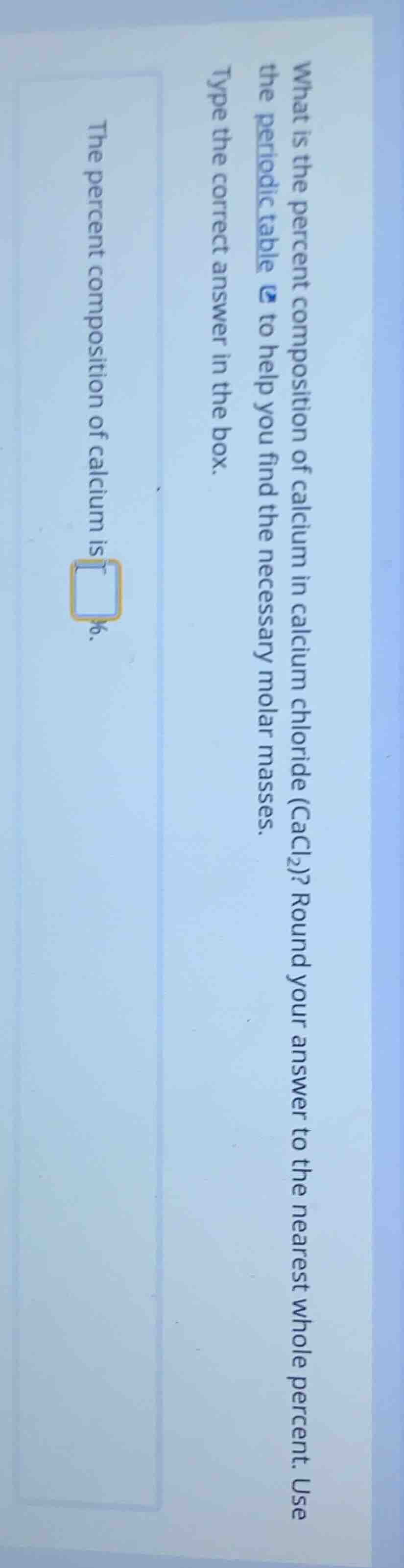 what is the percent composition of calcium in calcium chloride (cacl₂)?…
