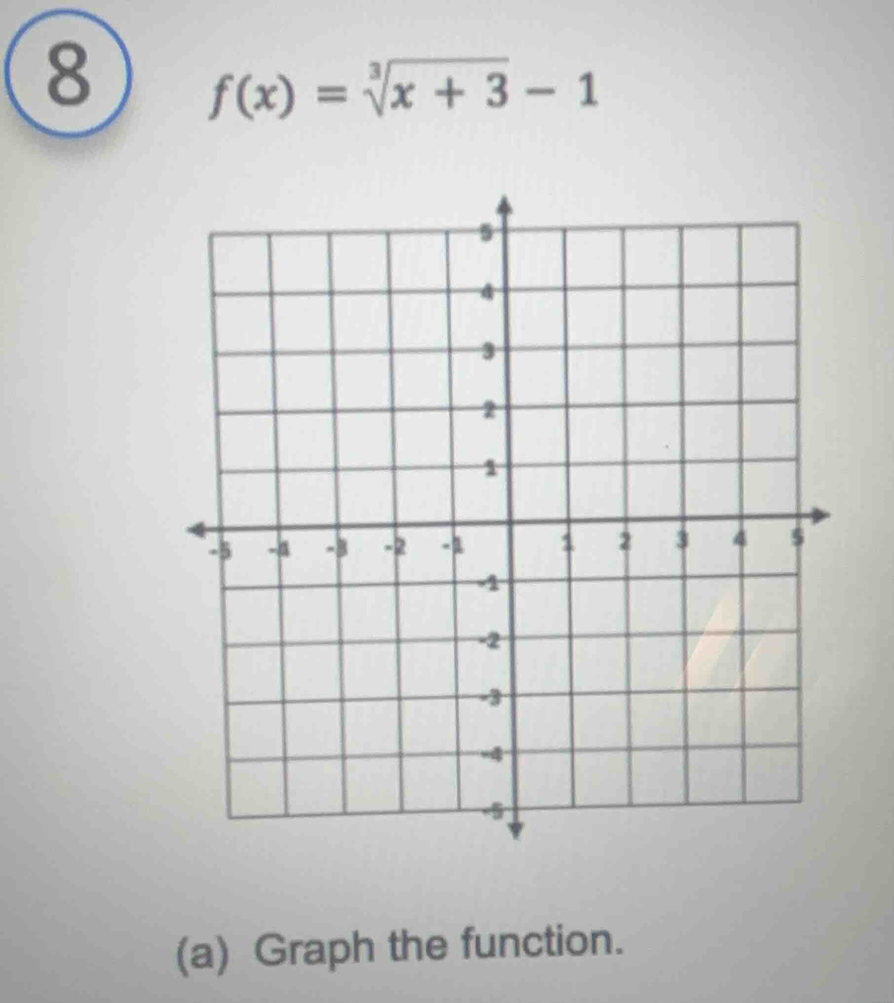 8 $f(x) = \\sqrt3{x + 3} - 1$ (a) graph the function.