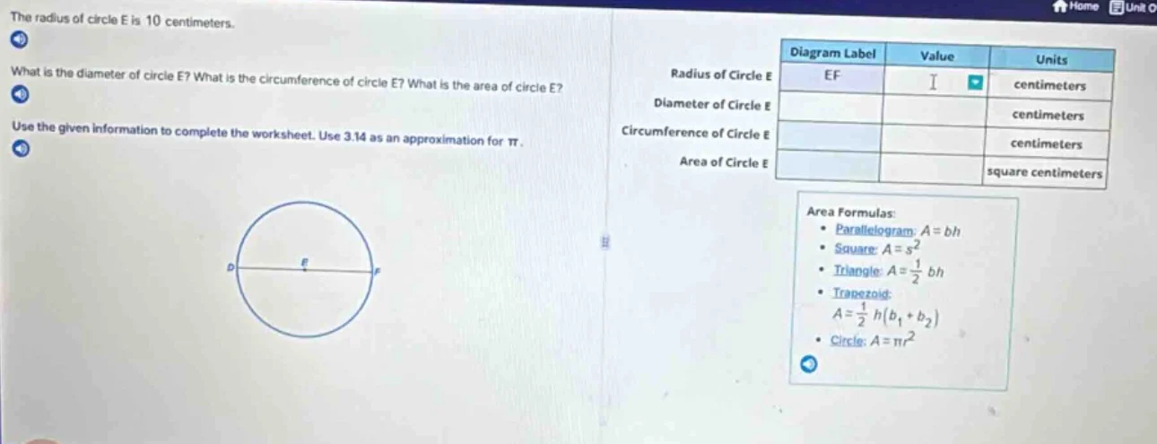 the radius of circle e is 10 centimeters. what is the diameter of circl…
