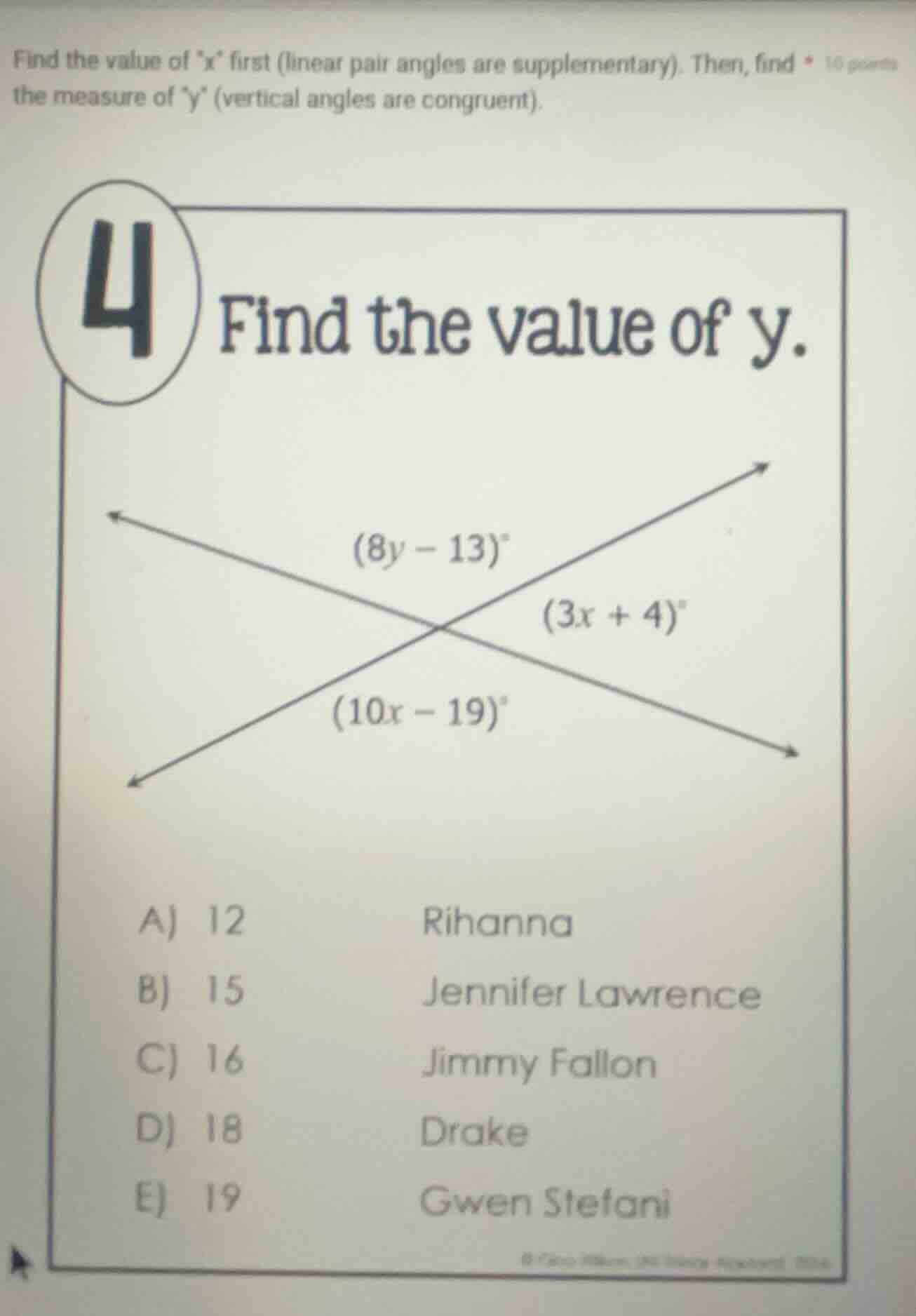 find the value of x first (linear pair angles are supplementary). then,…