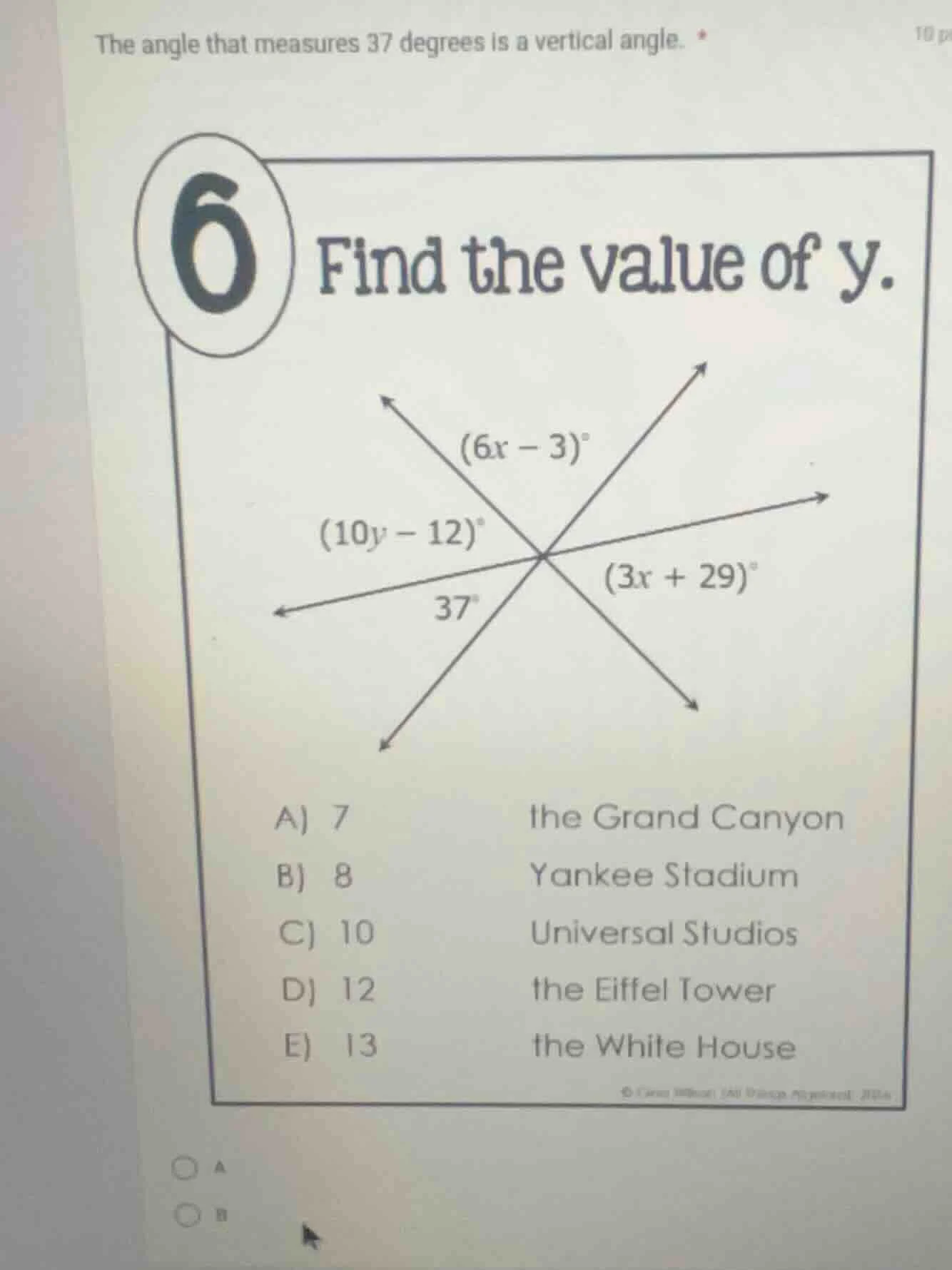 the angle that measures 37 degrees is a vertical angle. 6 find the valu…