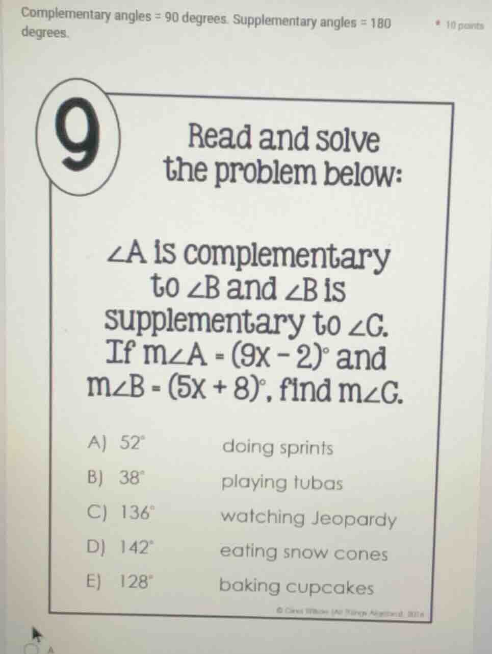 complementary angles = 90 degrees. supplementary angles = 180 degrees. …