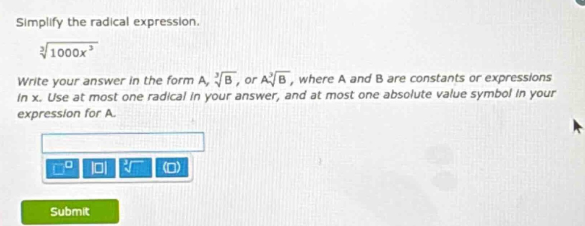 simplify the radical expression.\\(sqrt3{1000x^{3}}\\)\ write your answ…