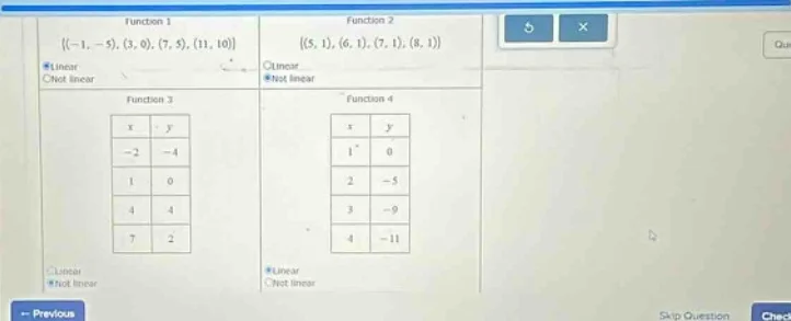 function 1\ {(-1, -5), (3, 0), (7, 5), (11, 10)}\ \\circ linear\ \\circ…