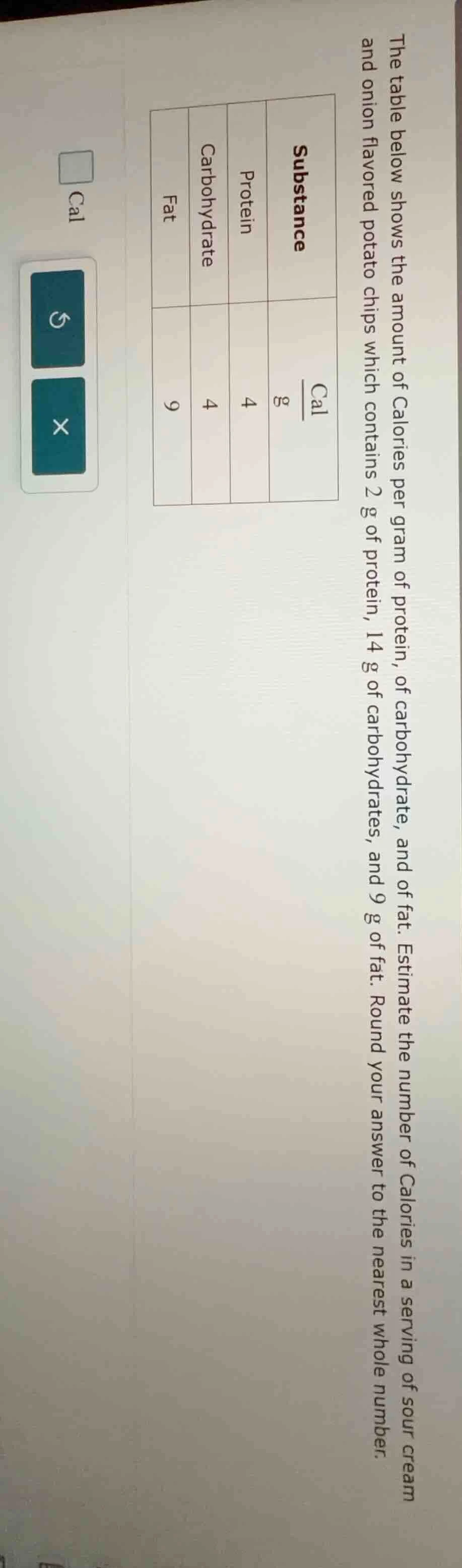 the table below shows the amount of calories per gram of protein, of ca…