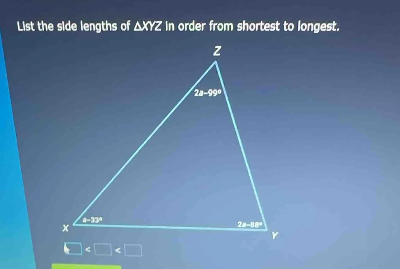 list the side lengths of $\\triangle xyz$ in order from shortest to lon…