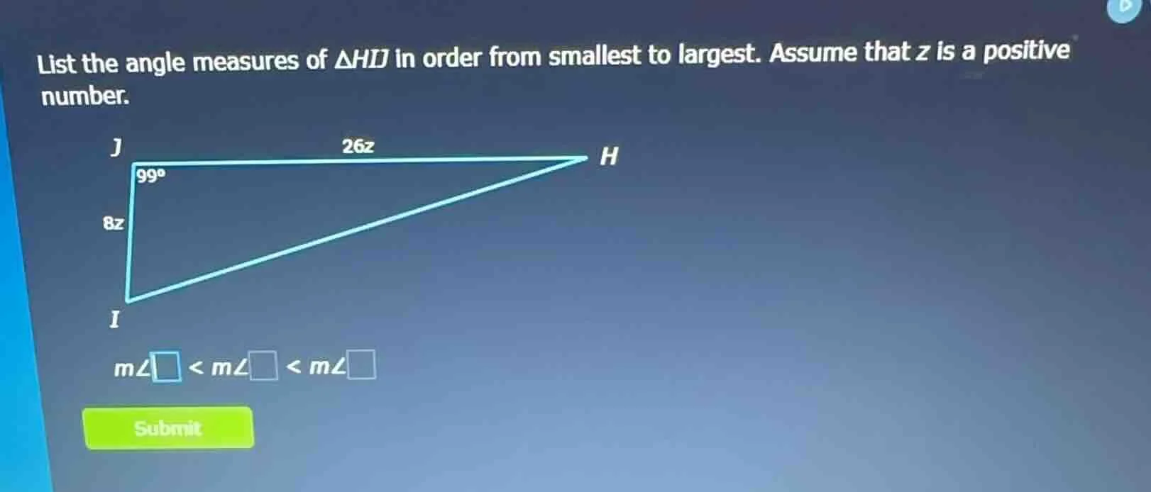 list the angle measures of $\\triangle hij$ in order from smallest to l…