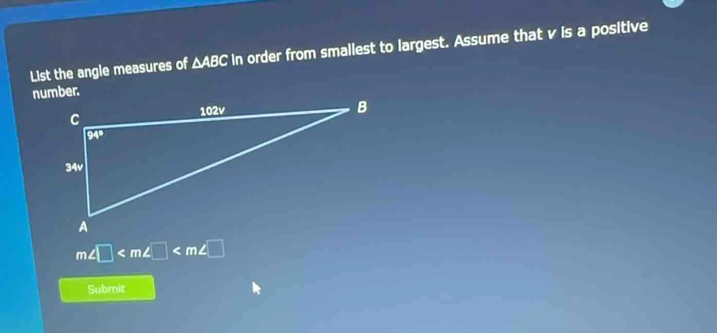 list the angle measures of $\\triangle abc$ in order from smallest to l…