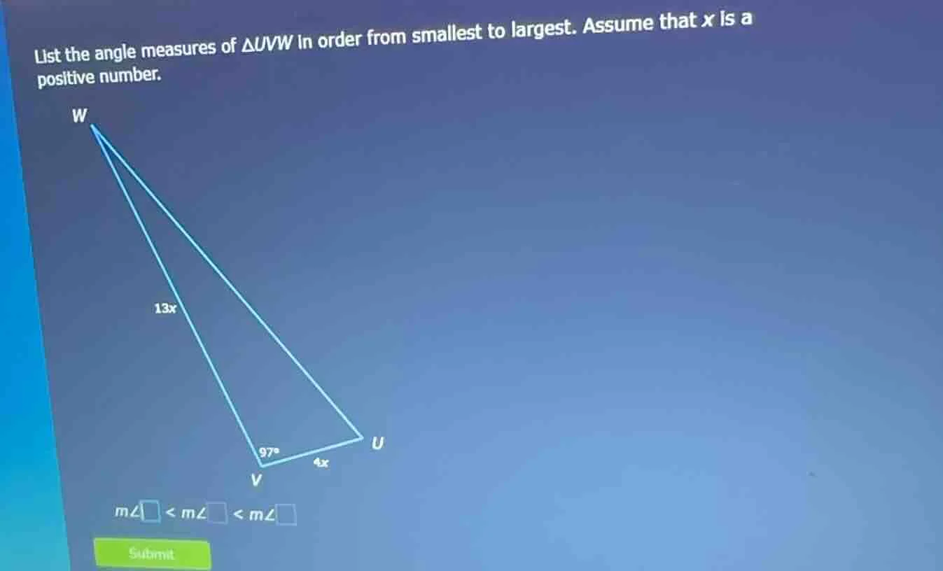 list the angle measures of $\\triangle uvw$ in order from smallest to l…