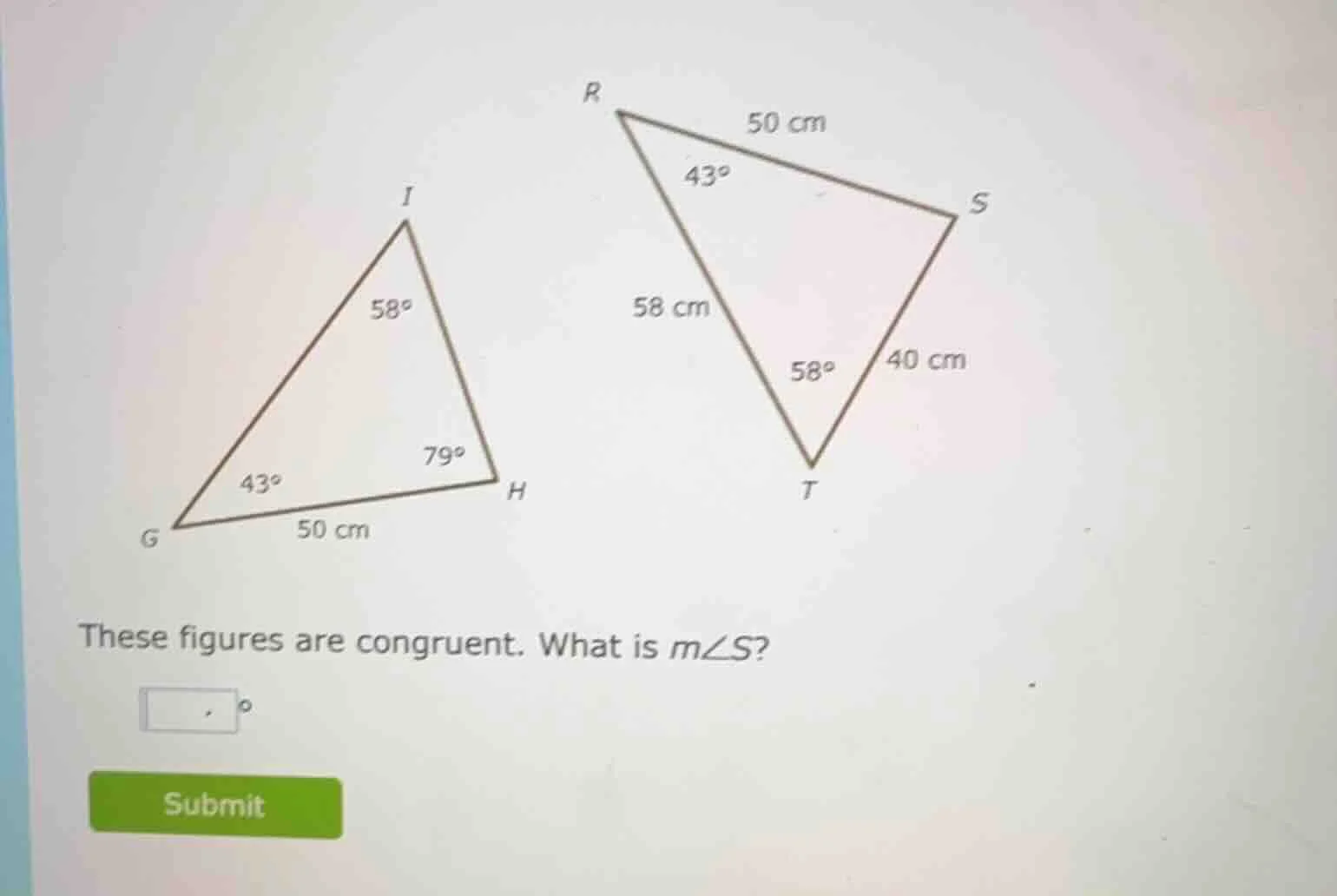 these figures are congruent. what is ( mangle s )?