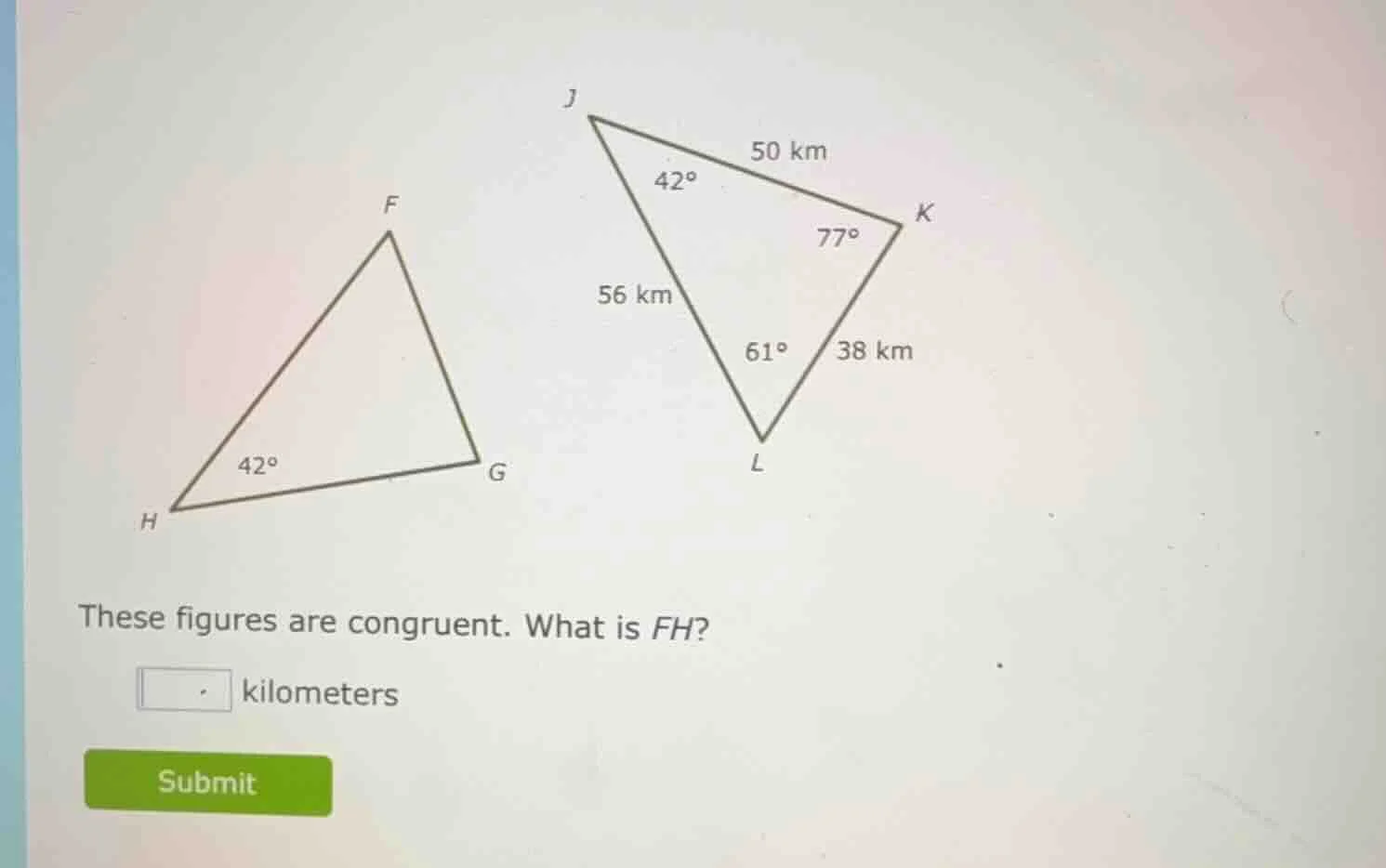 these figures are congruent. what is fh? kilometers