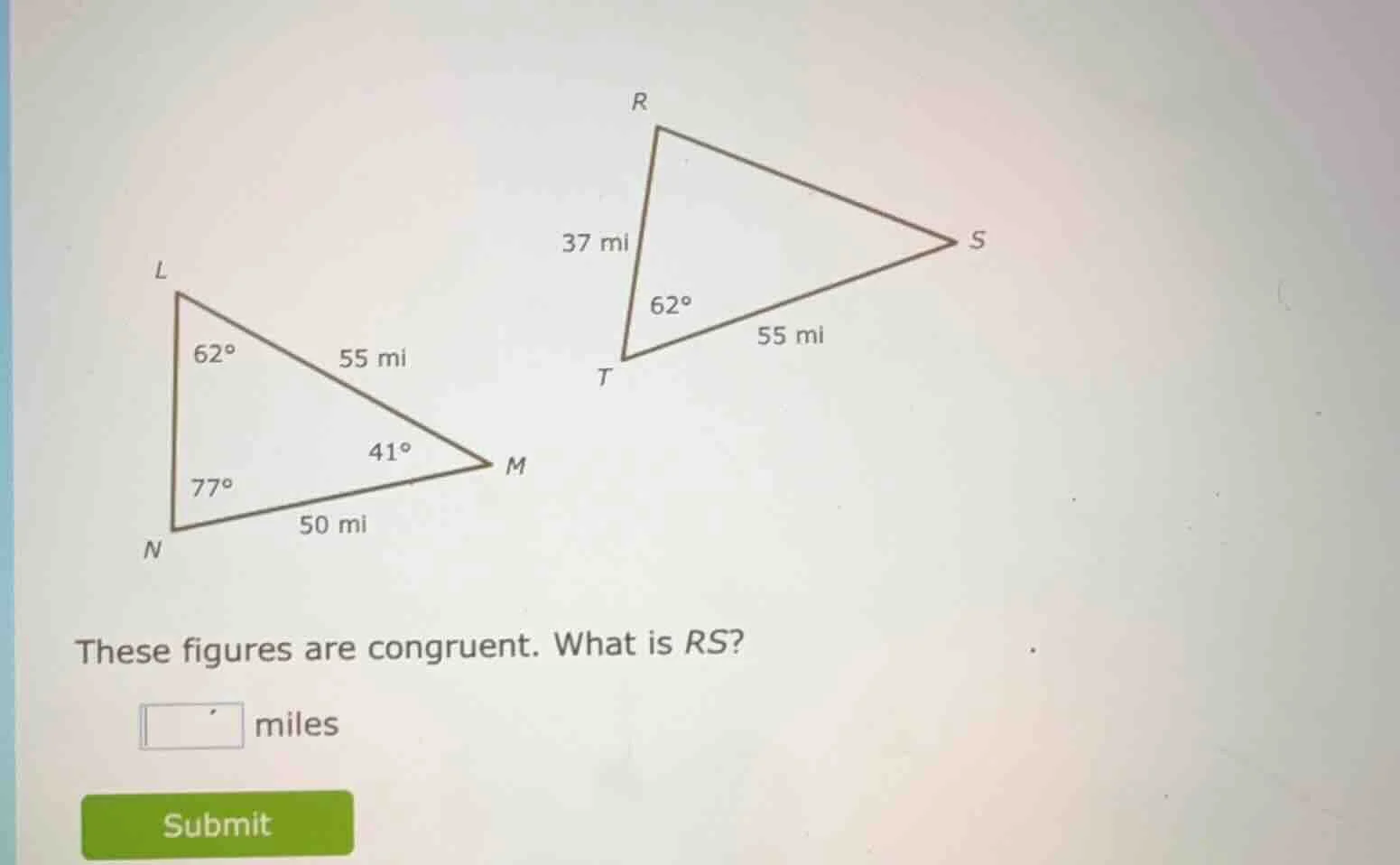 these figures are congruent. what is rs? miles