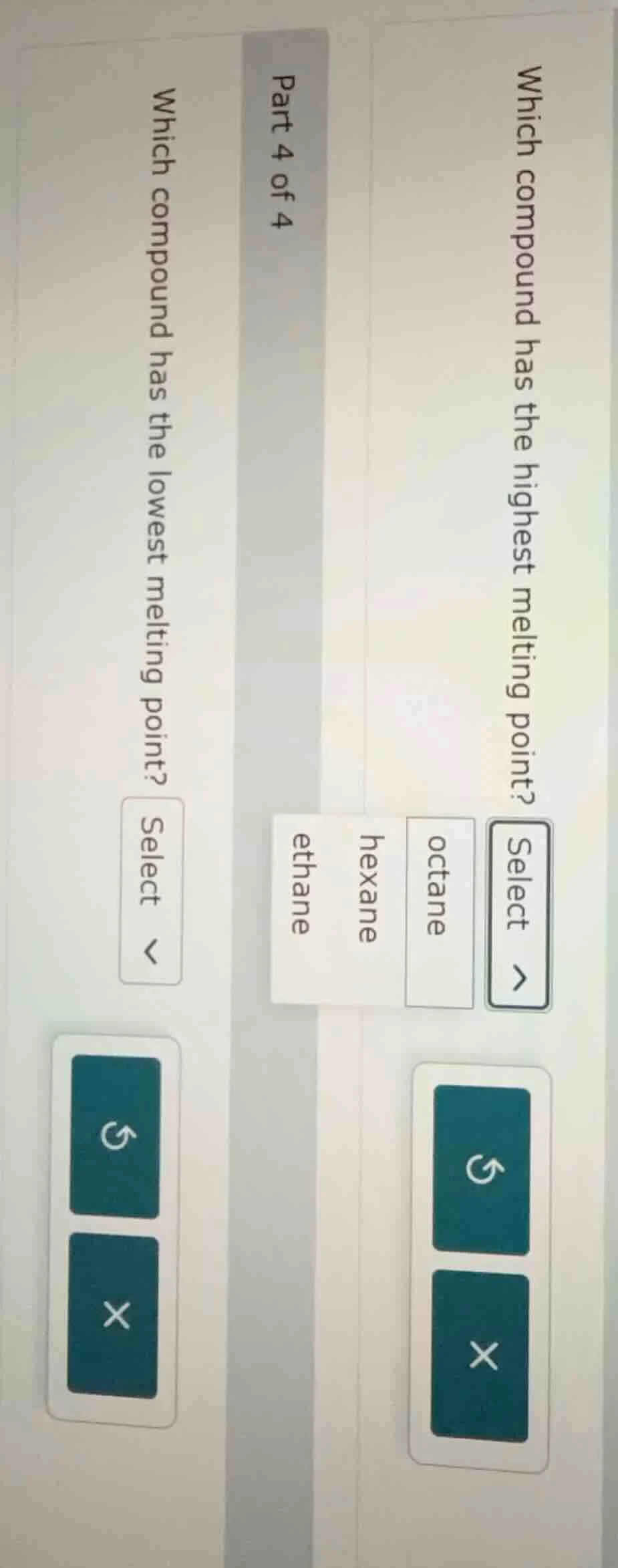 part 4 of 4 which compound has the highest melting point? select octane…