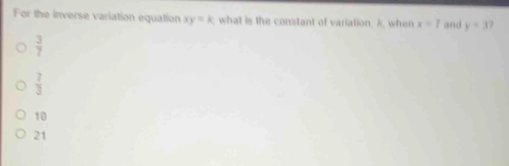 for the inverse variation equation $xy = k$, what is the constant of va…