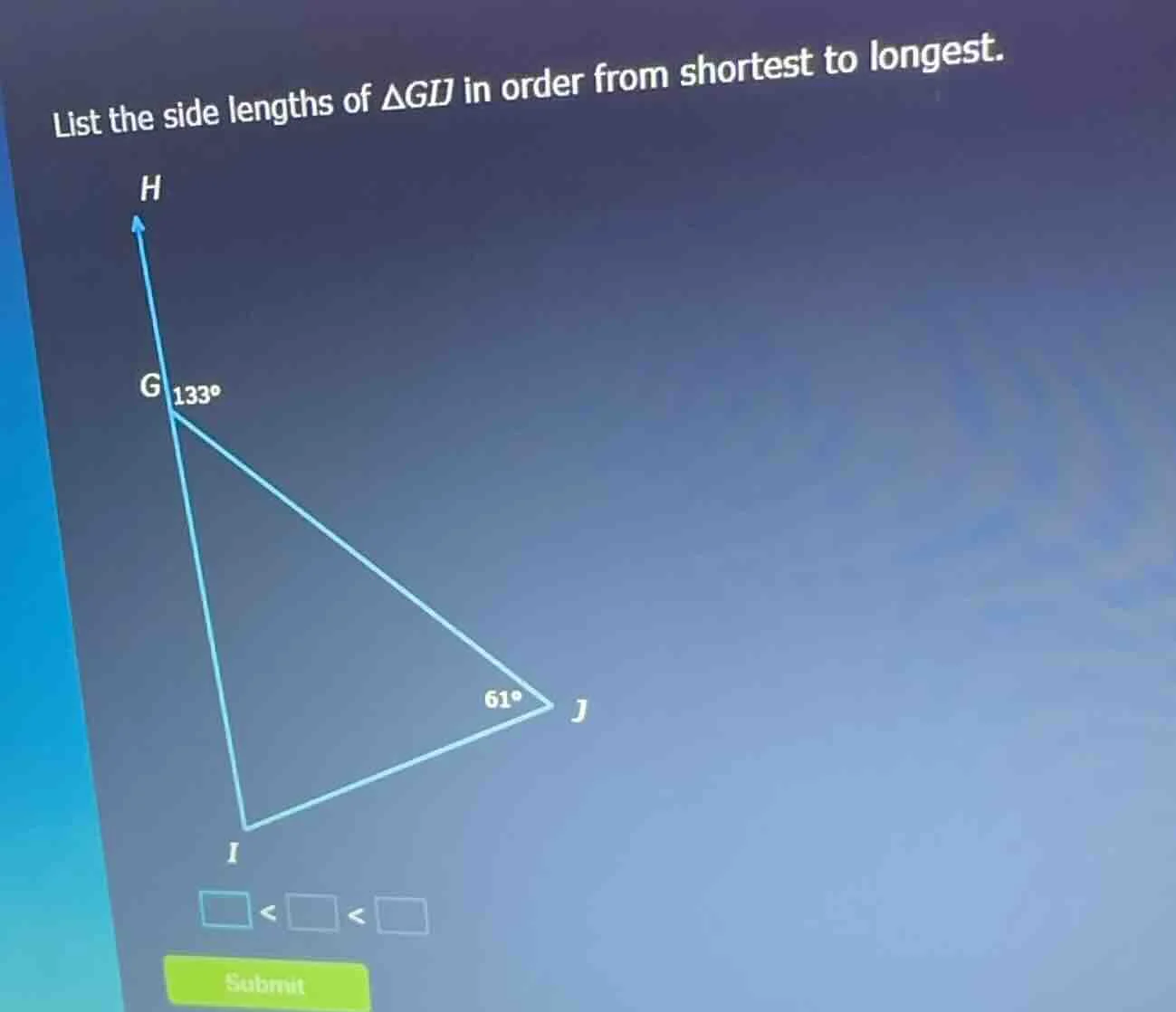 list the side lengths of $\\triangle gij$ in order from shortest to lon…