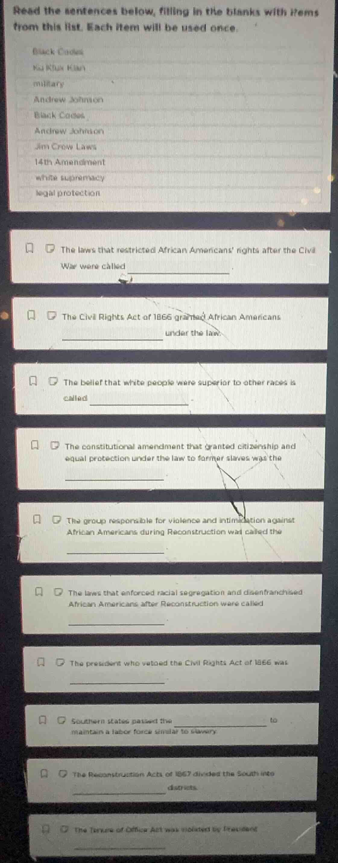 read the sentences below, filling in the blanks with items from this li…