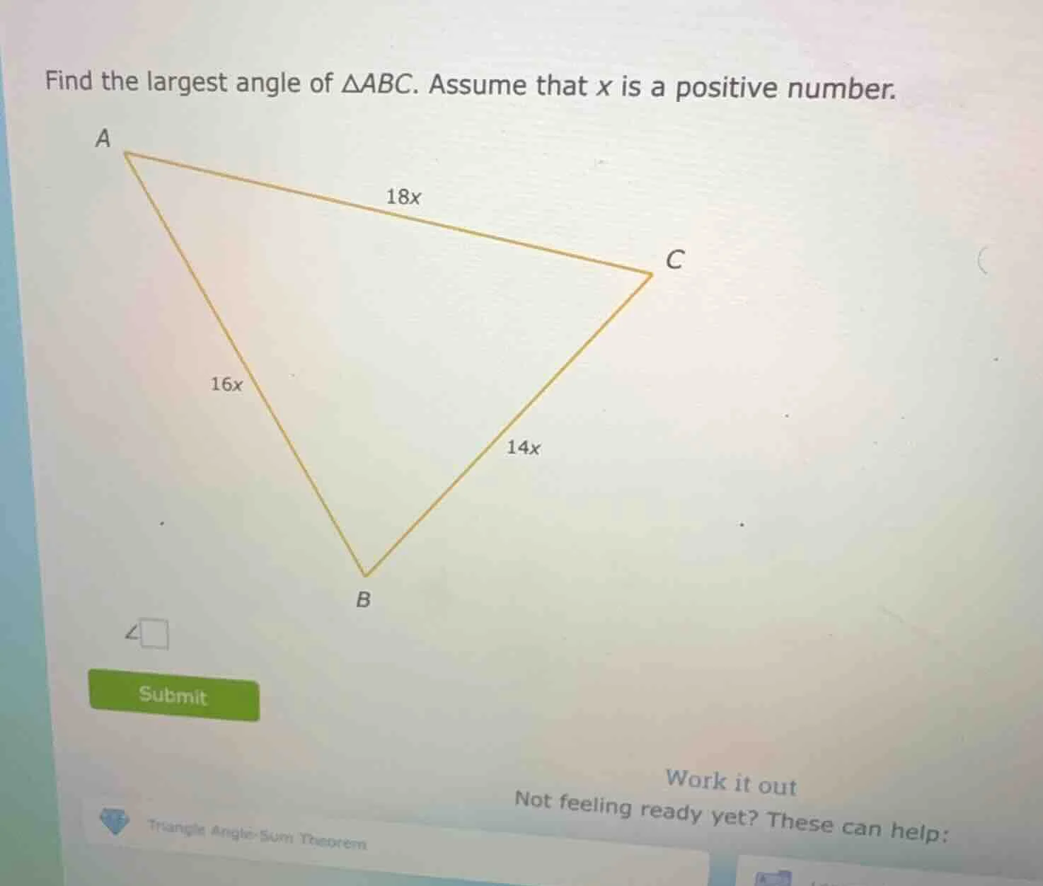 find the largest angle of $\\triangle abc$. assume that $x$ is a positi…