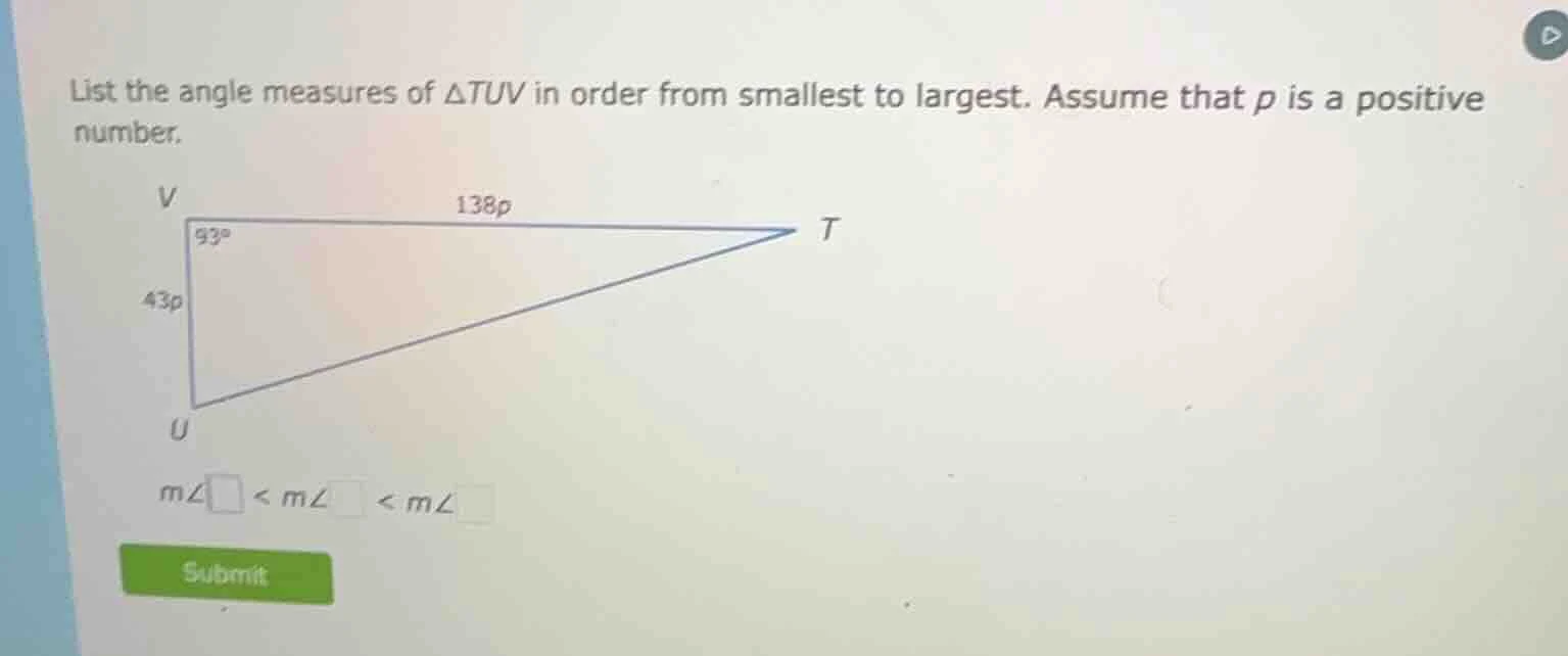list the angle measures of \\(\\triangle tuv\\) in order from smallest …