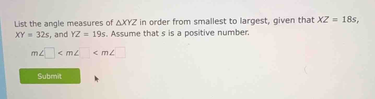 list the angle measures of $\\triangle xyz$ in order from smallest to l…