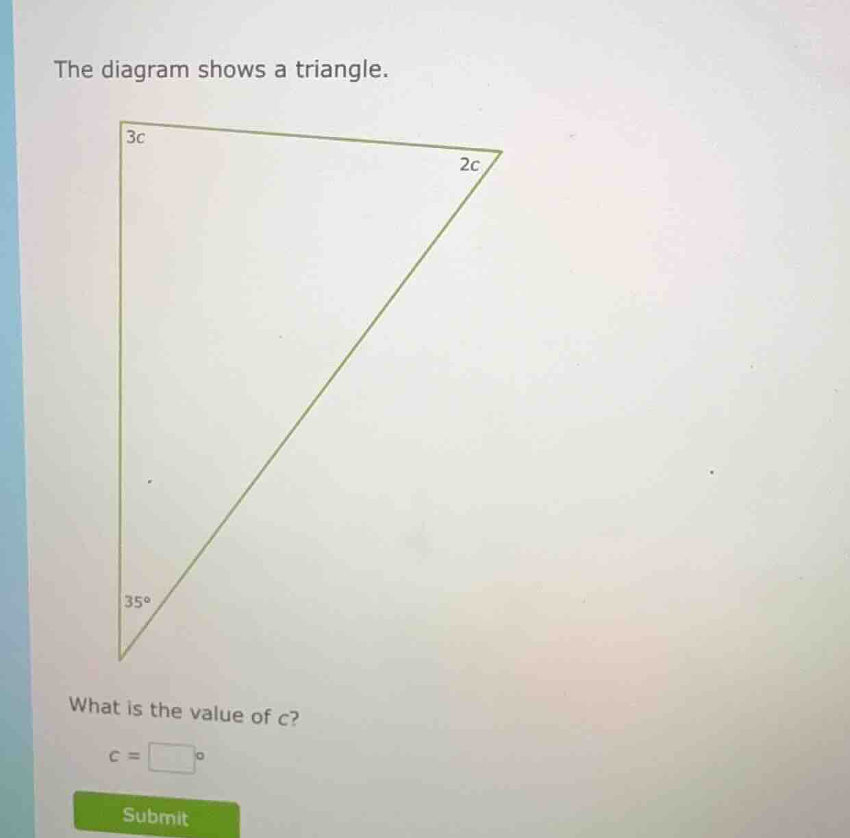 the diagram shows a triangle. what is the value of c? c = \\square^\\ci…