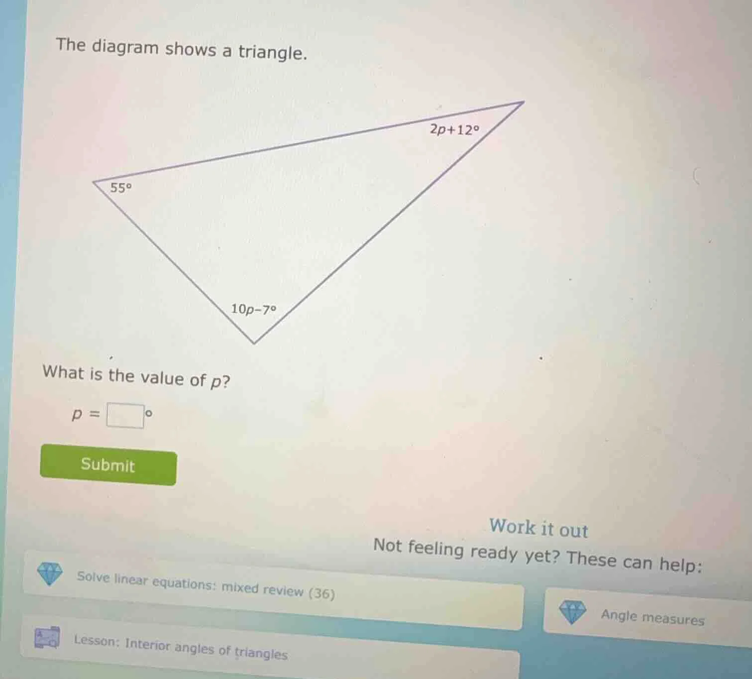the diagram shows a triangle. what is the value of p? p = \\square^\\ci…