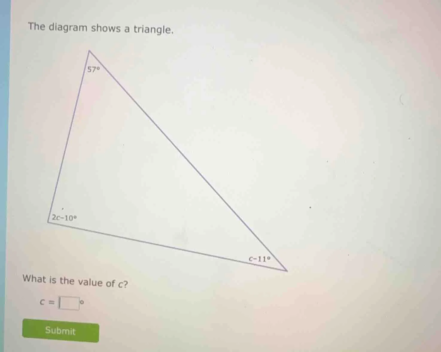 the diagram shows a triangle. what is the value of c? c = \\square^\\ci…