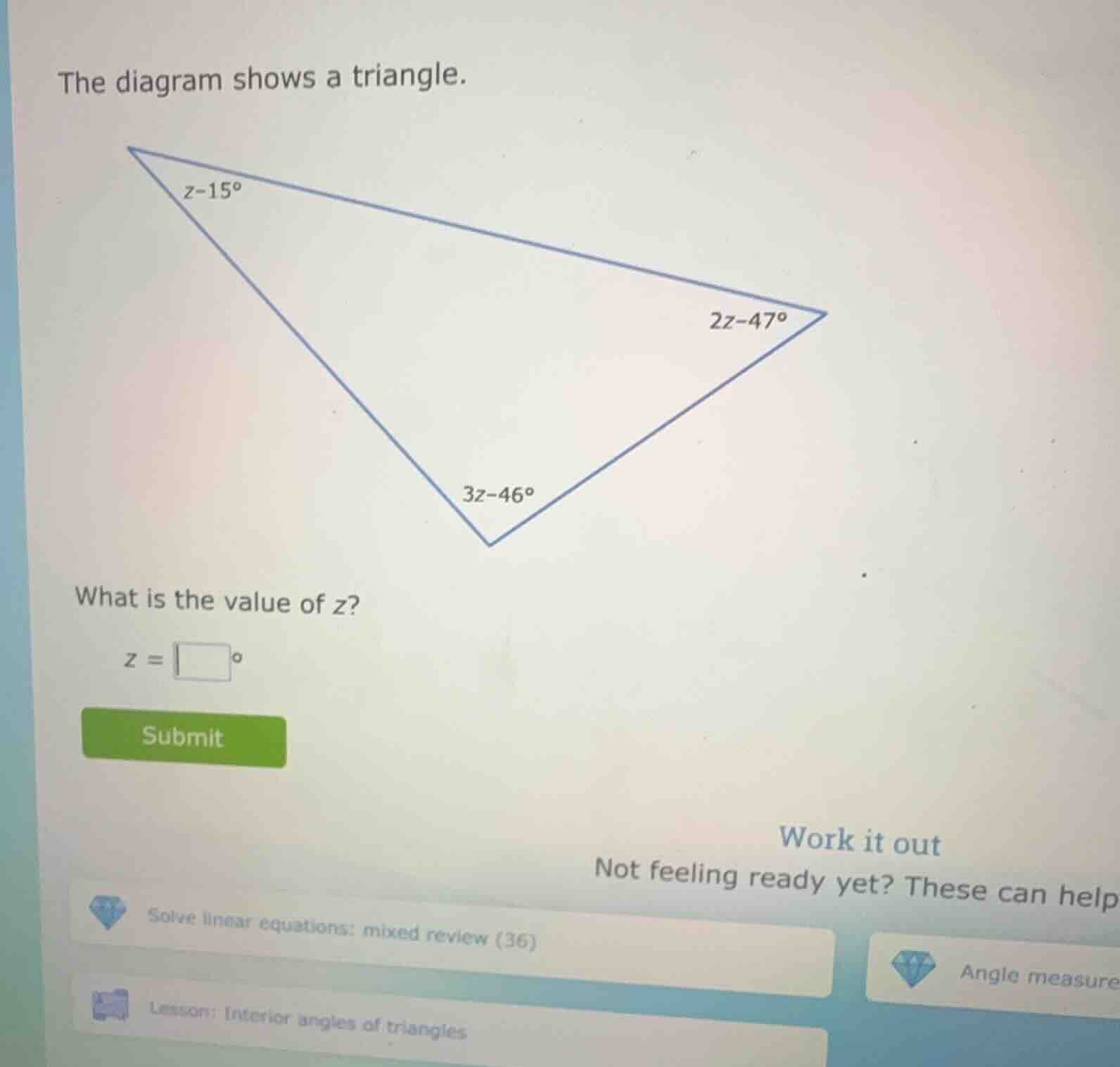 the diagram shows a triangle. what is the value of z? z = \\square°