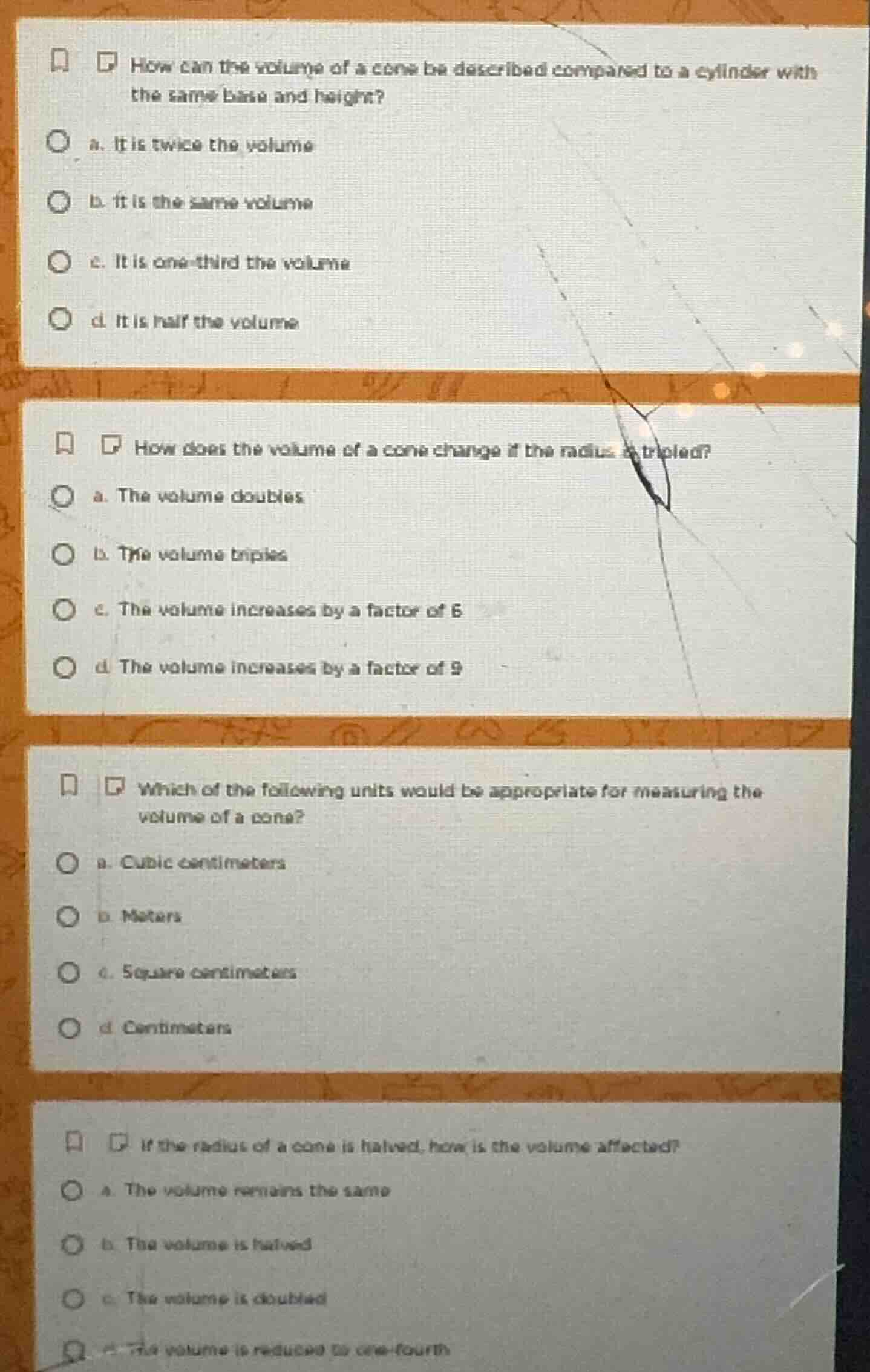 how can the volume of a cone be described compared to a cylinder with t…